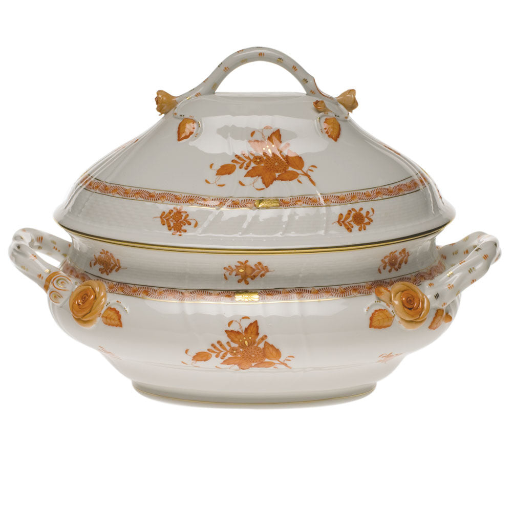 Hand-painted Herend Chinese Bouquet Rust Tureen with Branch Handles in fine porcelain, (4 QT) 10in H, on a white background