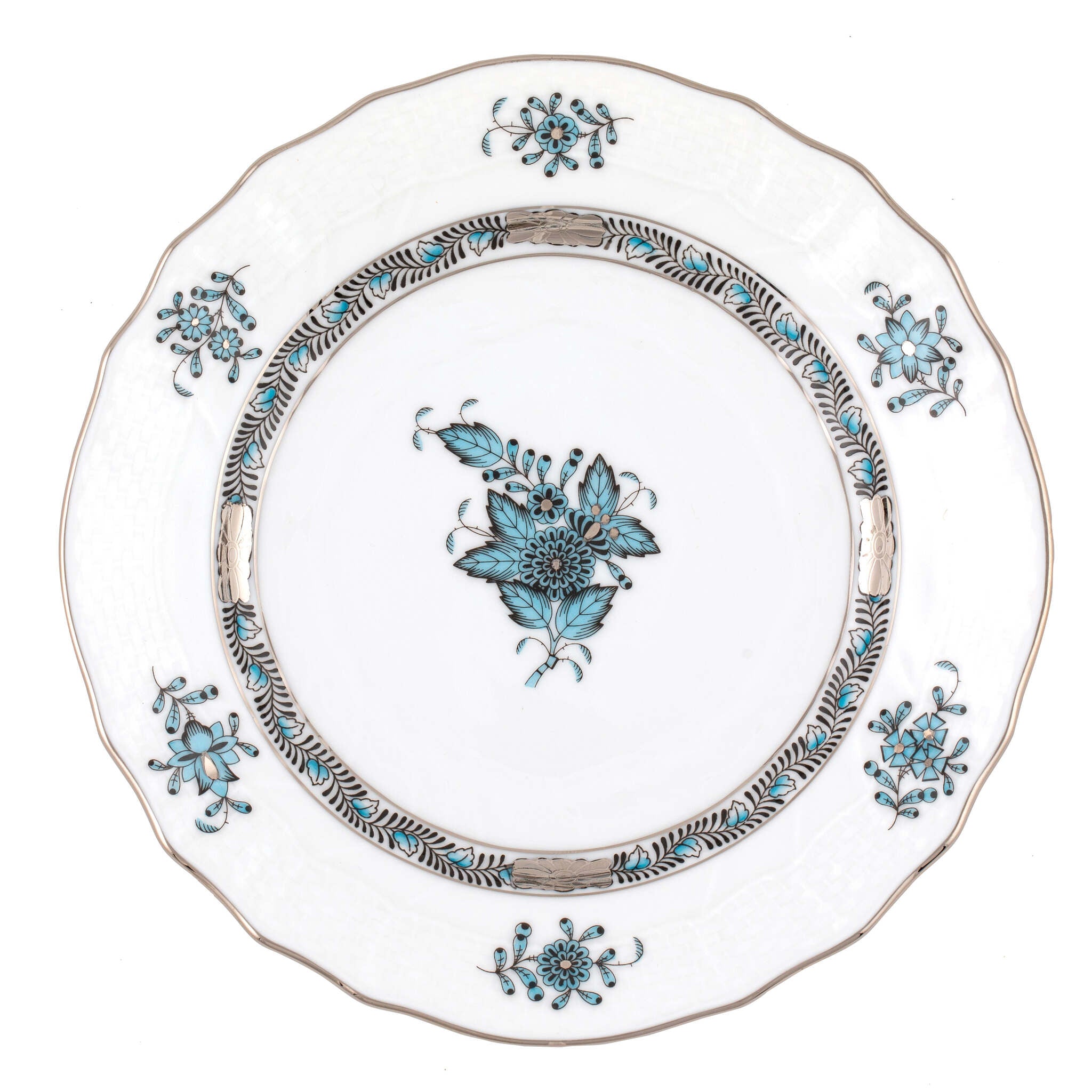 Hand-painted Herend Chinese Bouquet Turquoise & Platinum Bread and Butter Plate in fine porcelain, 6in D, on a white background