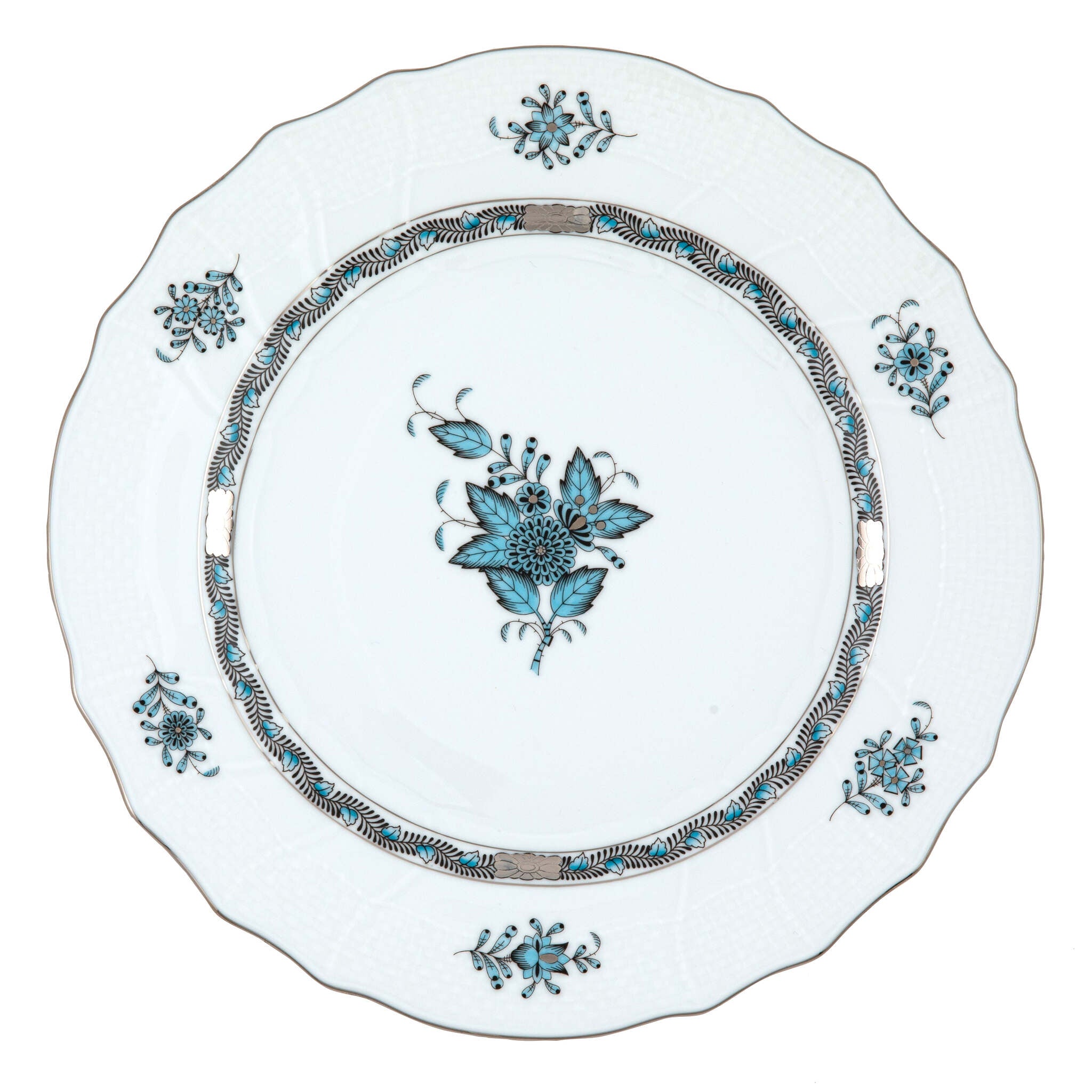 Hand-painted Herend Chinese Bouquet Turquoise & Platinum Dinner Plate in fine porcelain, 10.5in D, on a white background