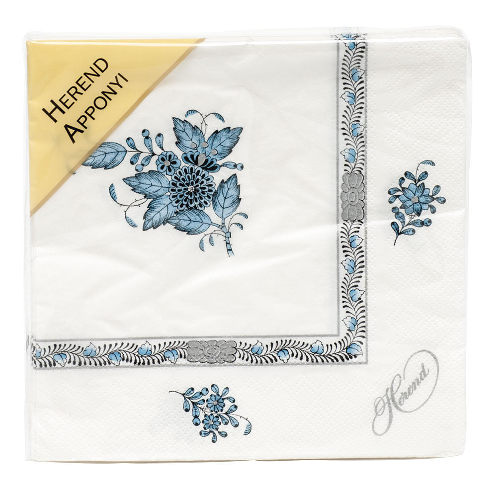 Hand-painted Herend Chinese Bouquet Turquoise & Platinum Paper Napkins Pack of 20 in fine porcelain, Individual Napkin 6.5in SQ, on a white background