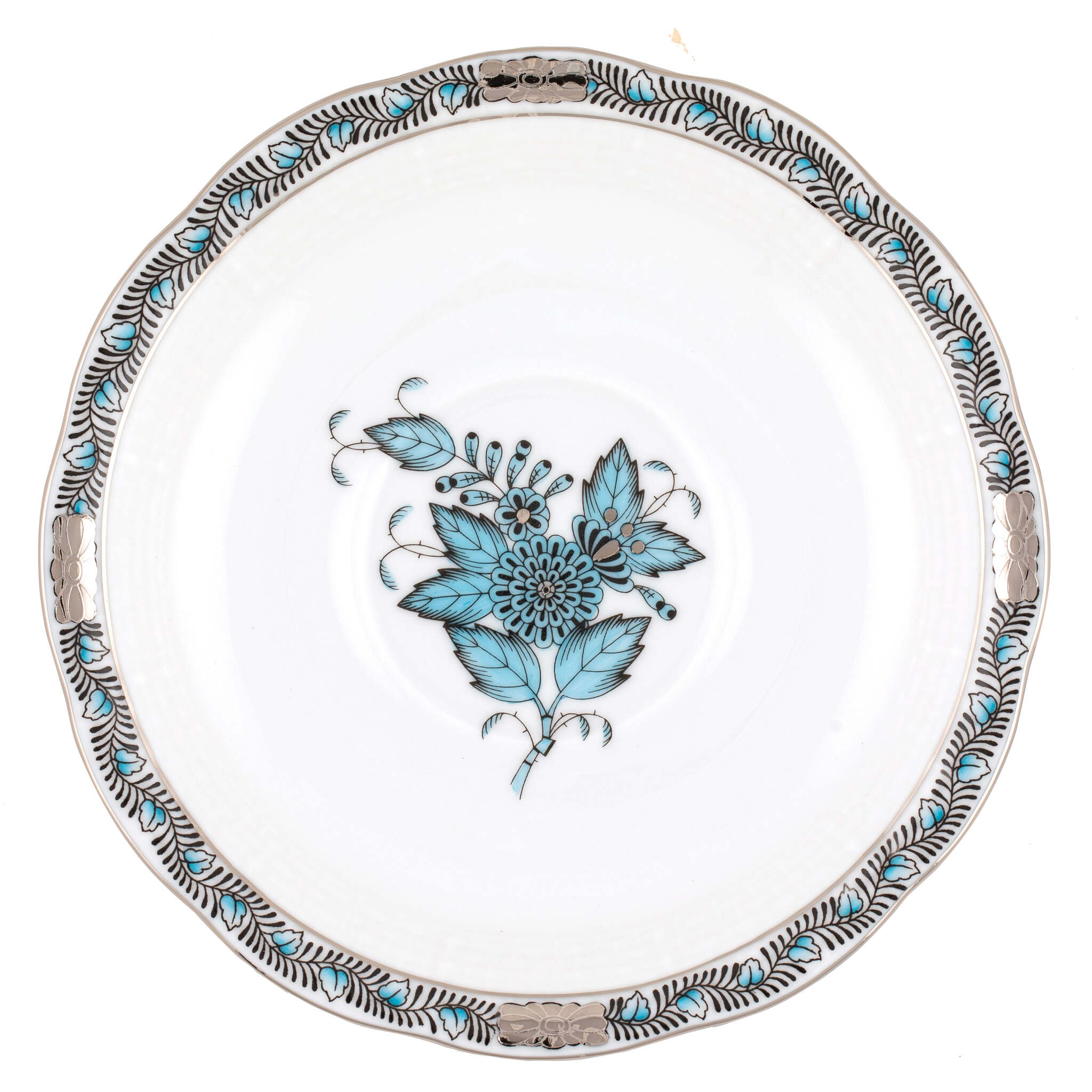 Hand-painted Herend Chinese Bouquet Turquoise & Platinum Tea Saucer Cup & Saucer Set in fine porcelain, 6in D, on a white background