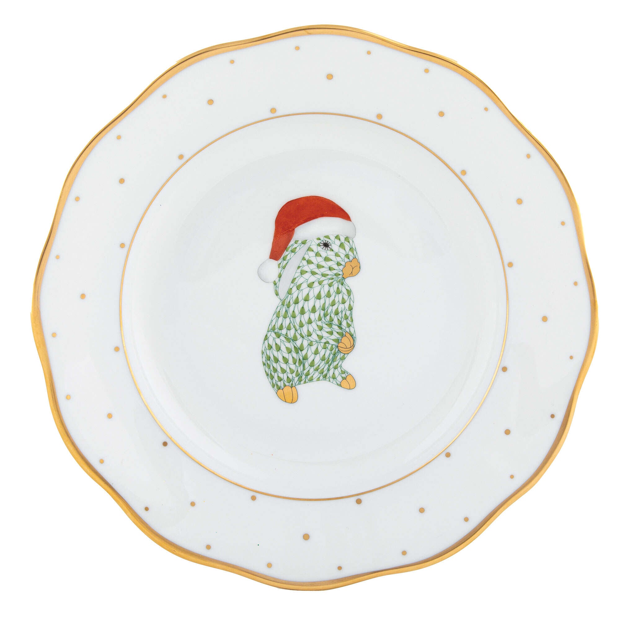 Hand-painted Herend Christmas Dessert Dessert Plate - Santa Bunny in fine porcelain, 8.25in D, on a white background