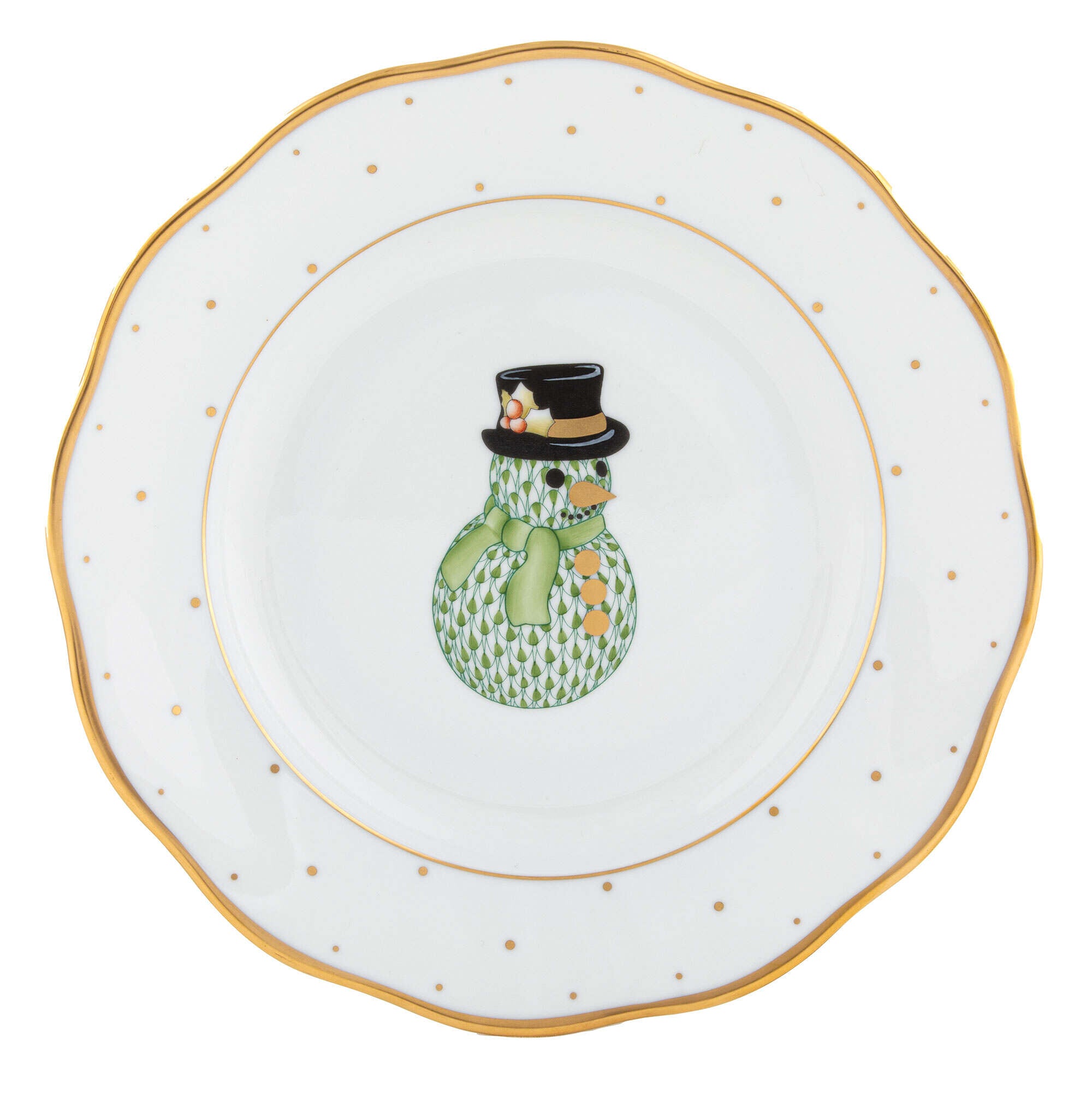 Hand-painted Herend Christmas Dessert Dessert Plate - Snowman in fine porcelain, 8.25in D, on a white background