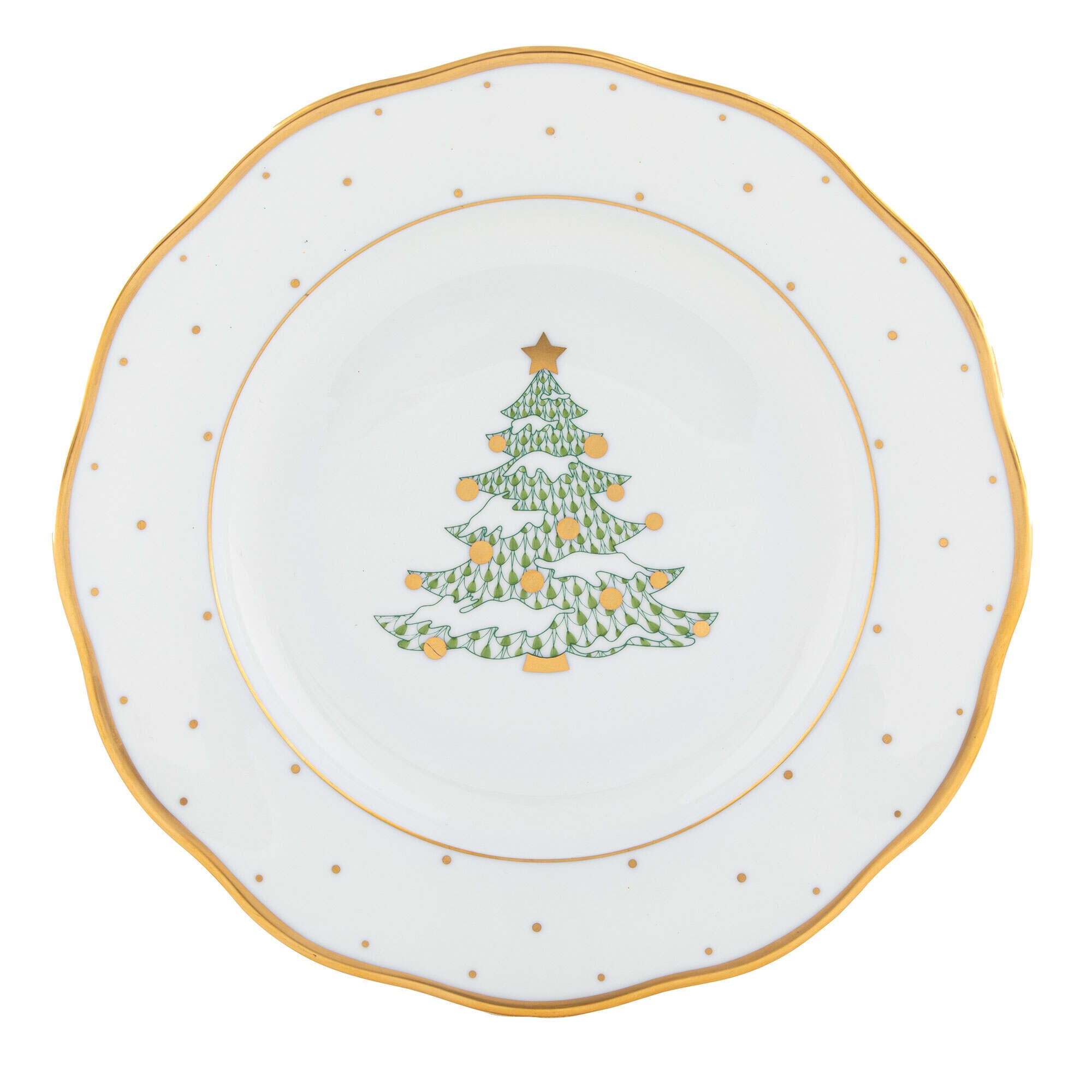 Hand-painted Herend Christmas Dessert Dessert Plate - Tree in fine porcelain, 8.25in D, on a white background