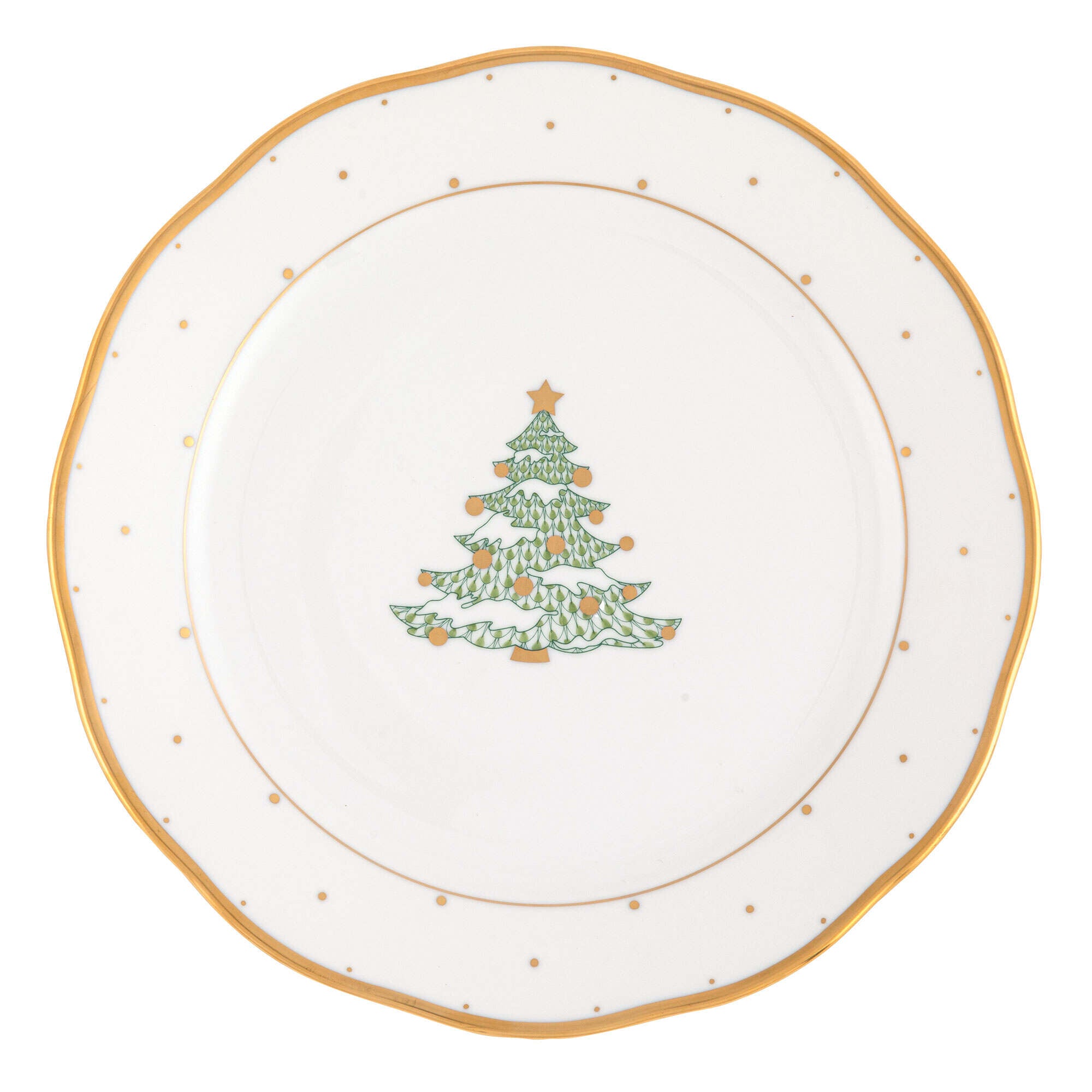 Hand-painted Herend Christmas Dessert Dinner Plate - Tree in fine porcelain, 10.5in D, on a white background