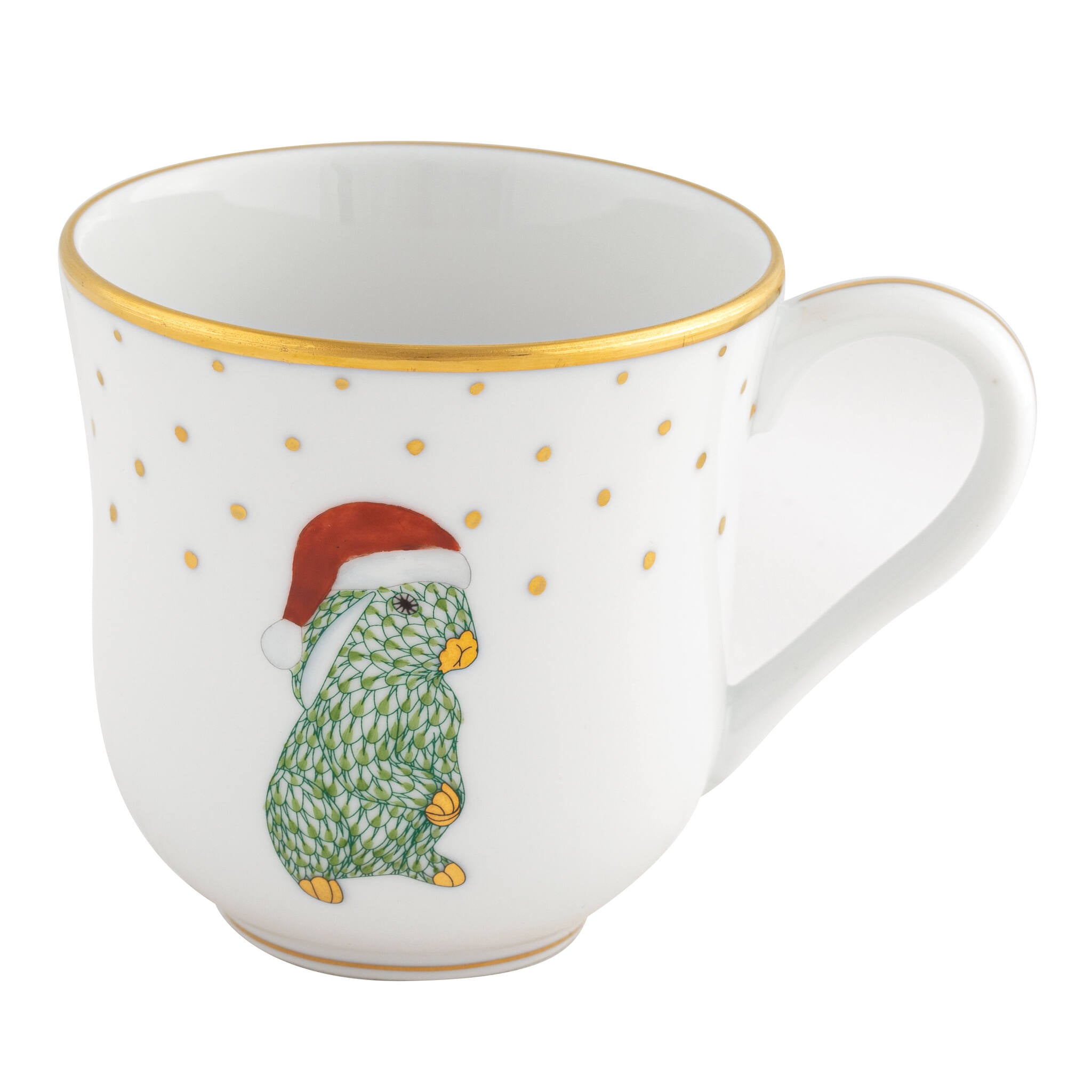 Hand-painted Herend Christmas Dessert Mug - Santa Bunny in fine porcelain, (11 OZ) 3.5in H, on a white background