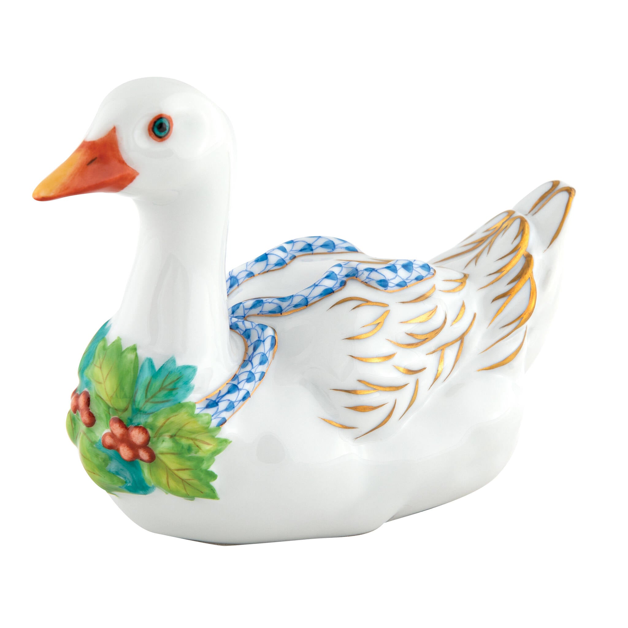 Blue fishnet Christmas Goose Figurine figurine, hand-painted Herend porcelain with 24k gold accents