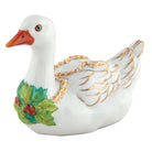 Hand-painted Herend Christmas Goose Figurine in Butterscotch fishnet porcelain on a white background