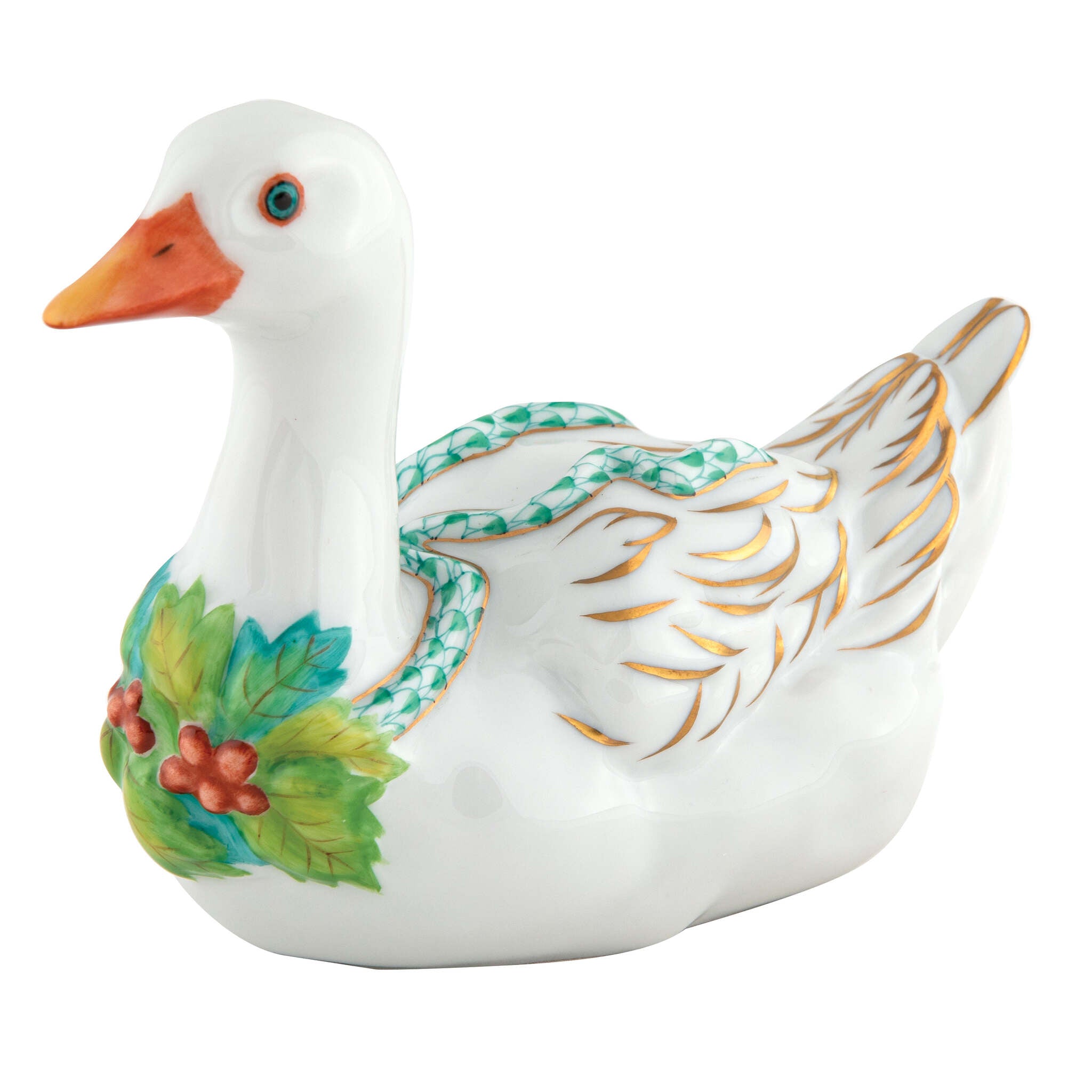 Hand-painted Herend Christmas Goose Figurine in Green fishnet porcelain on a white background