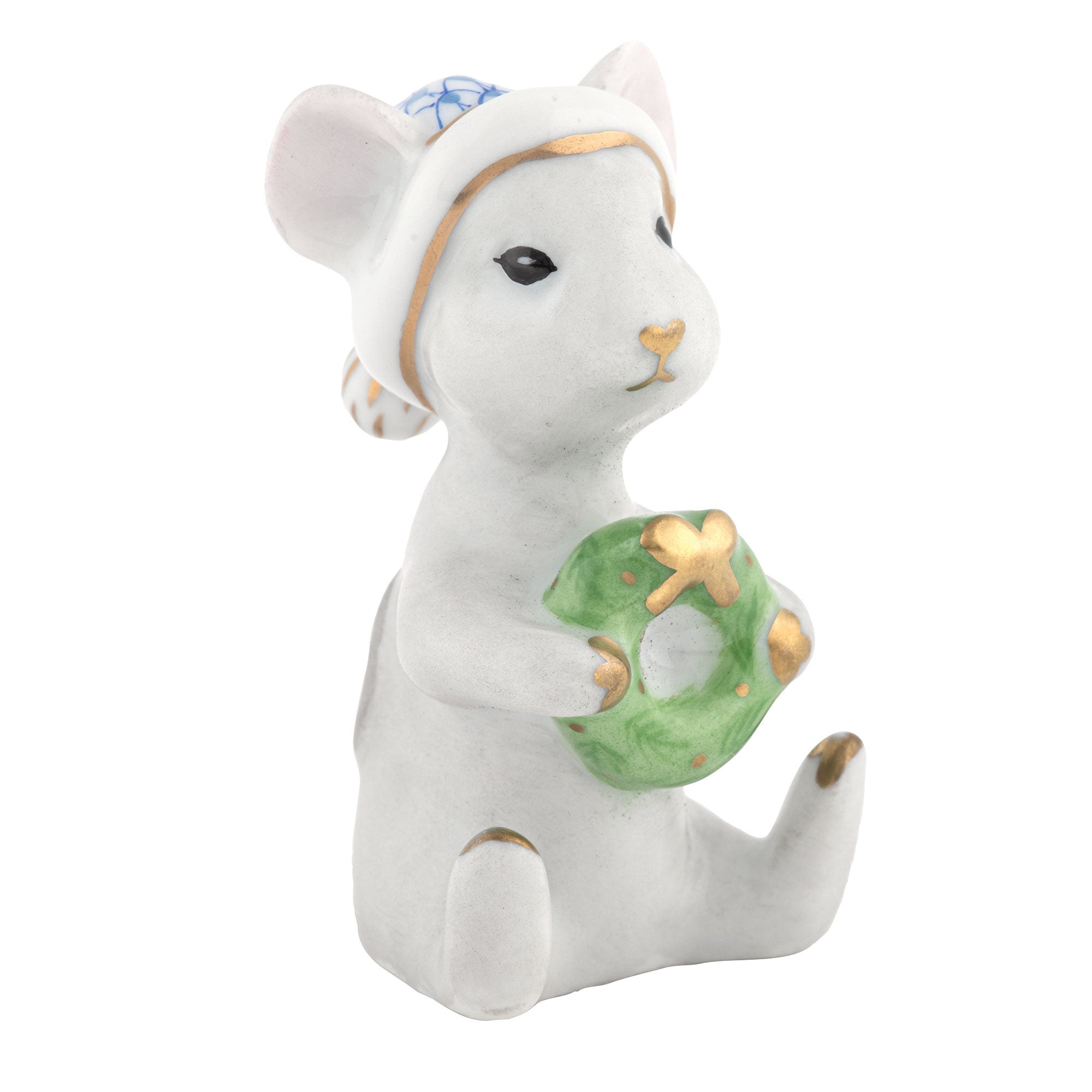 Hand-painted Herend Christmas Mouse Figurine in Blue fishnet porcelain on a white background