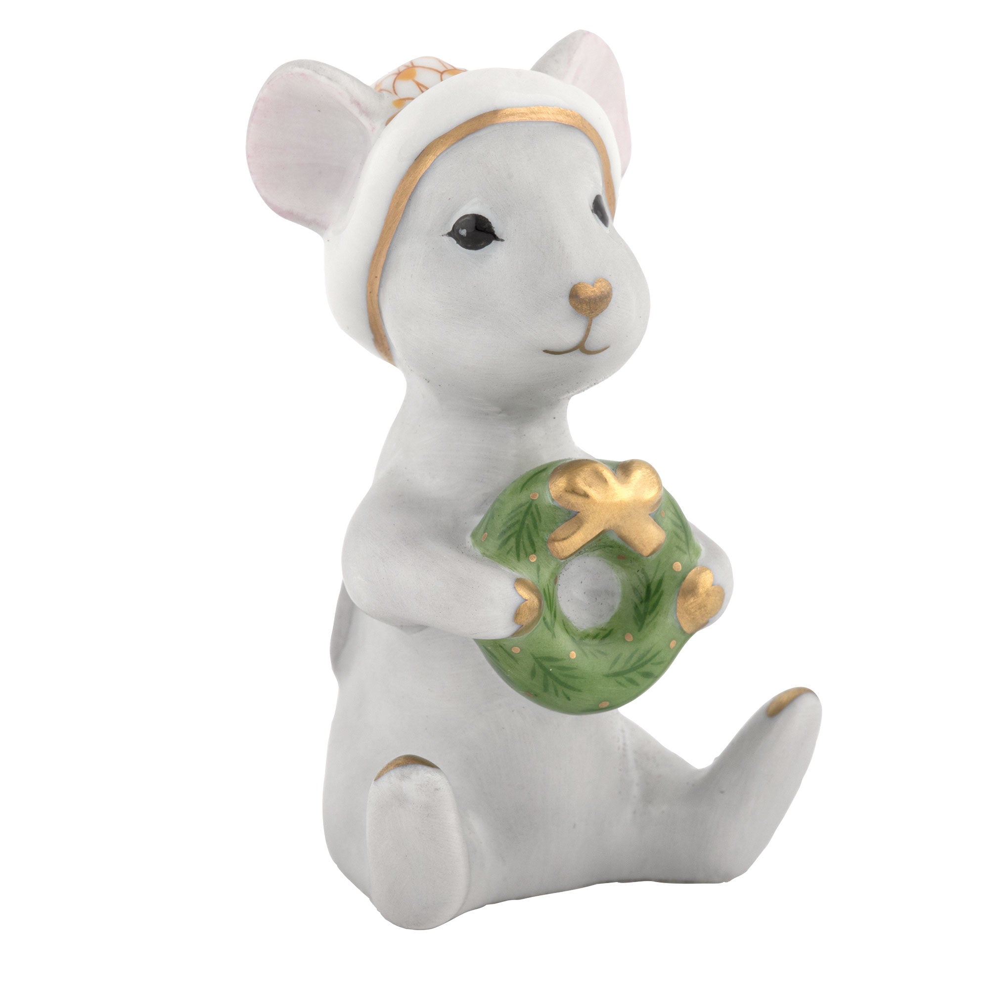 Herend Christmas Mouse Figurine porcelain figurine painted in the Butterscotch fishnet pattern