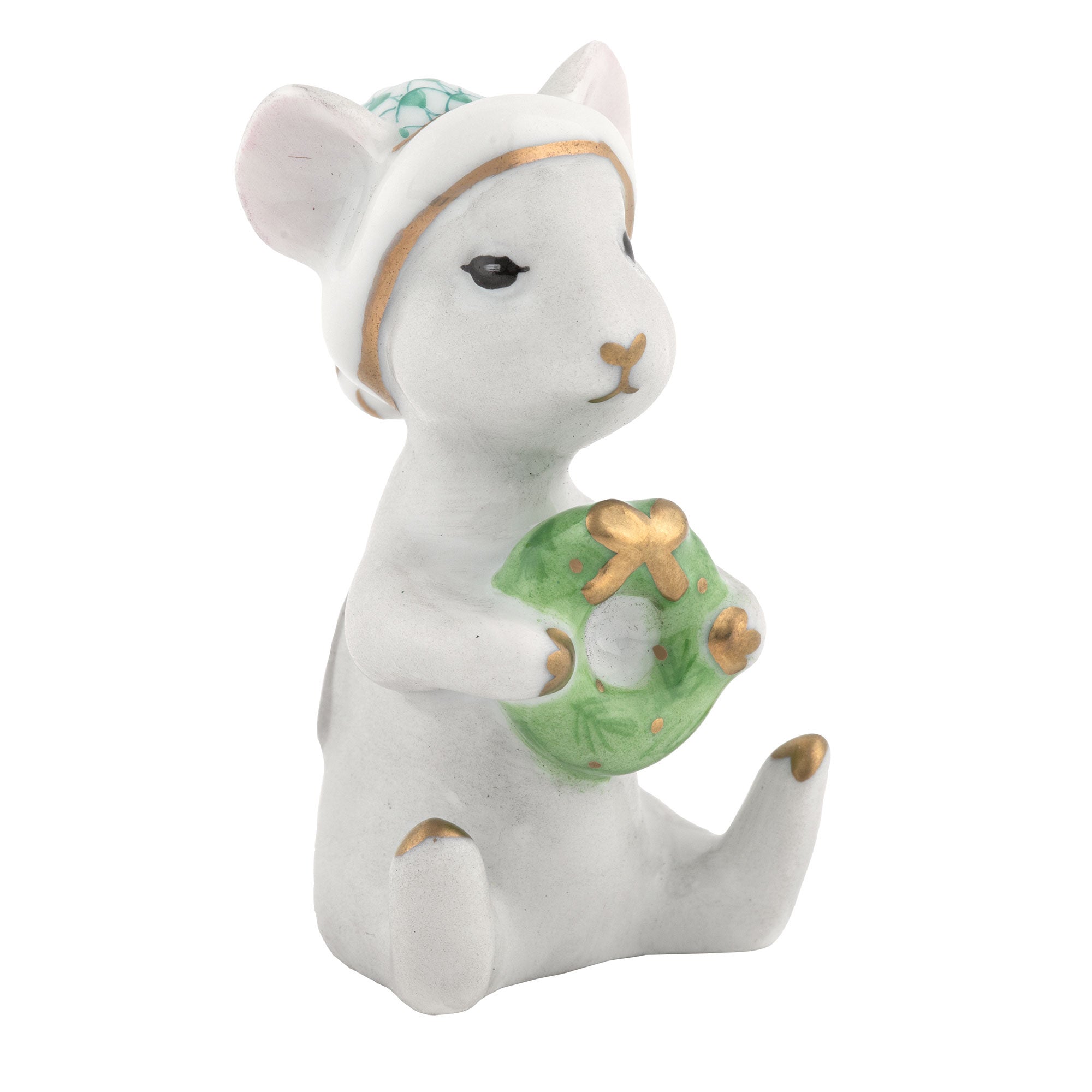 Green fishnet Christmas Mouse Figurine figurine, hand-painted Herend porcelain with 24k gold accents