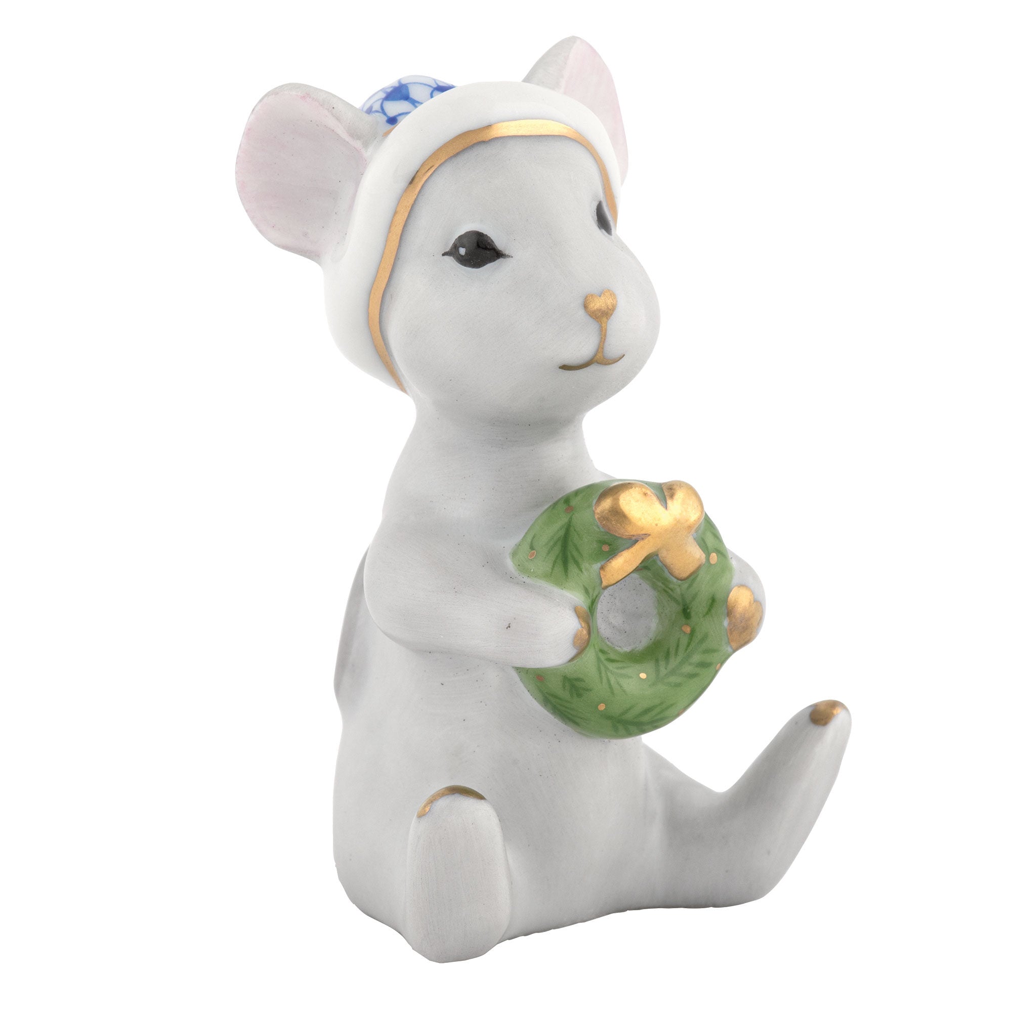 Herend Christmas Mouse Figurine porcelain figurine painted in the Sapphire fishnet pattern