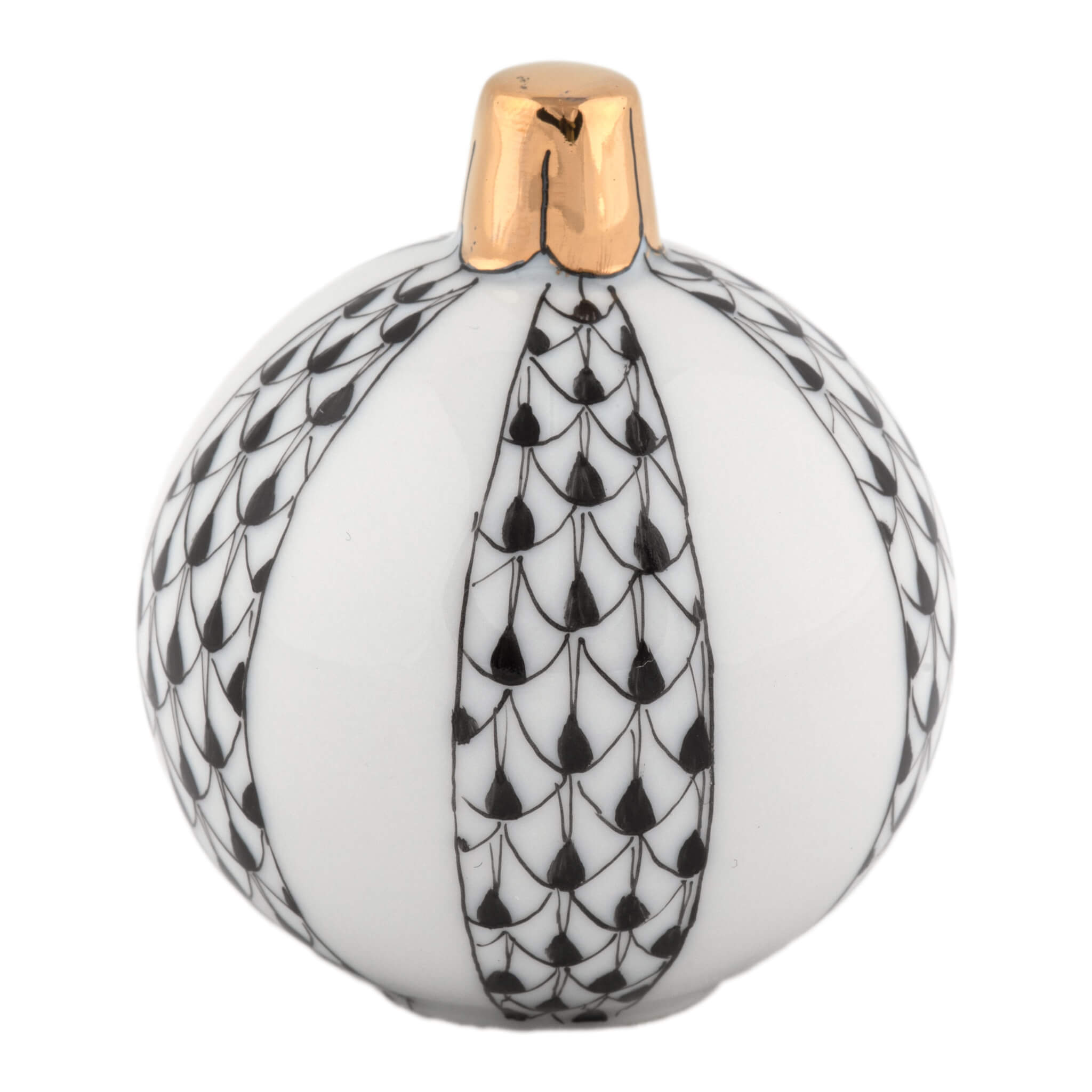 Herend Christmas Ornament figurine in Black with black fishnet pattern with gold accents on a white background