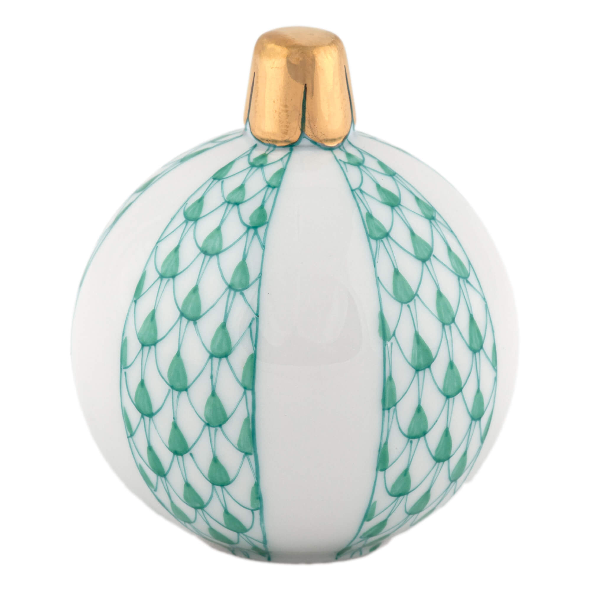 Herend Christmas Ornament figurine in Green with green fishnet pattern with gold accents on a white background
