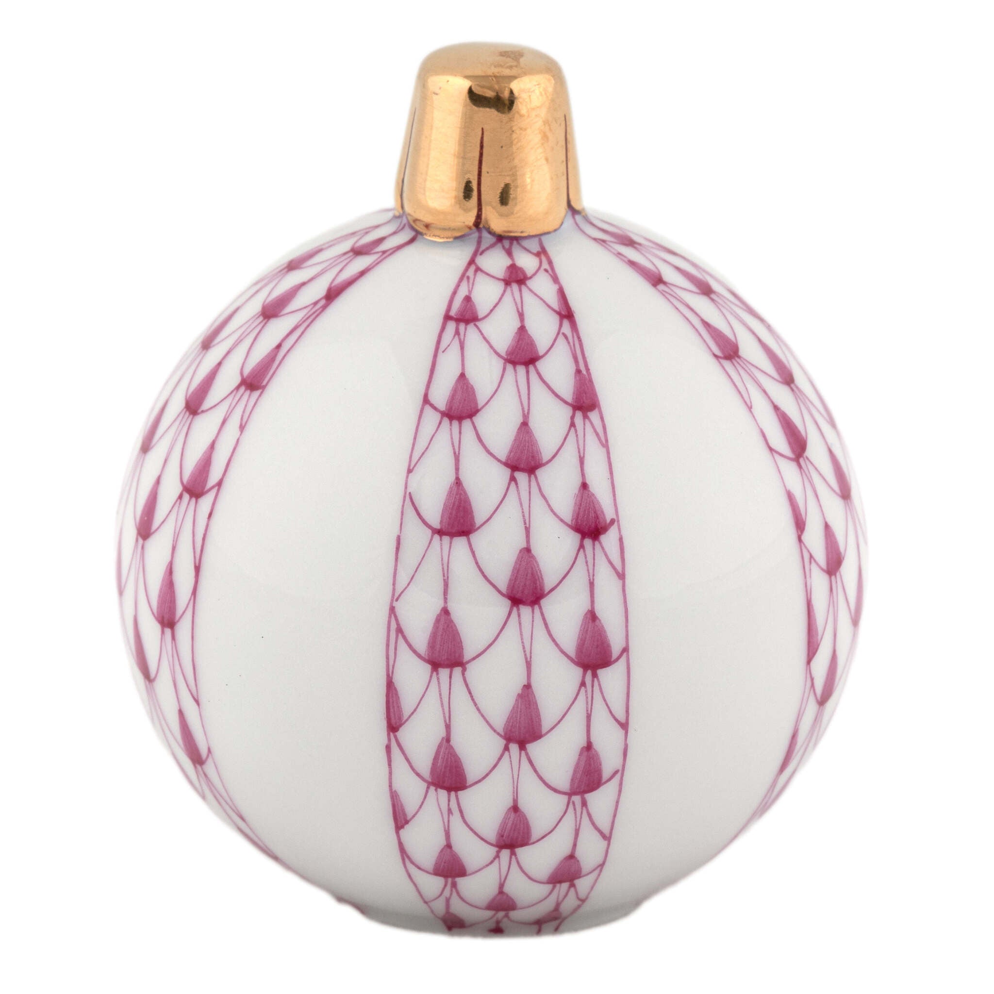 Hand-painted Herend Christmas Ornament Figurine in Raspberry fishnet porcelain on a white background