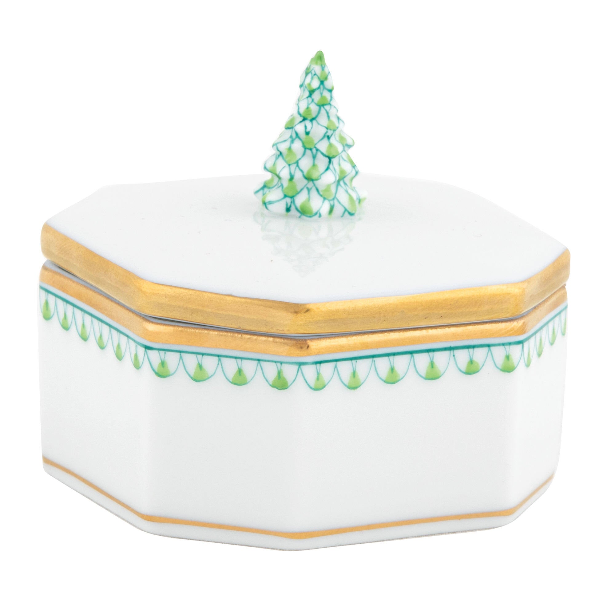 Hand-painted Herend Christmas Tree Box in Motif 1 fishnet porcelain on a white background