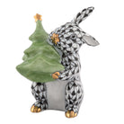 Hand-painted Herend Christmas Tree Bunny Figurine in Black fishnet porcelain on a white background