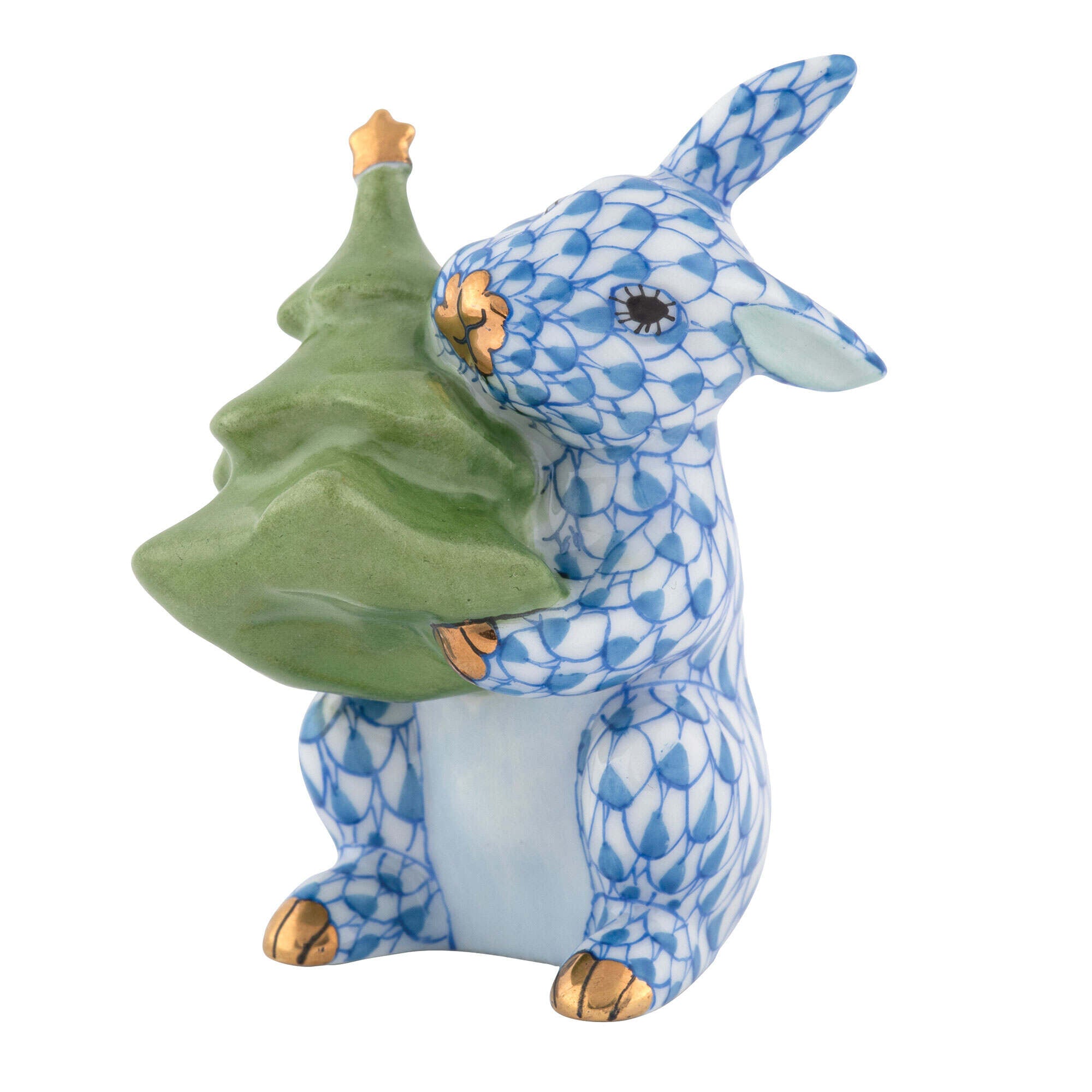Hand-painted Herend Christmas Tree Bunny Figurine in Blue fishnet porcelain on a white background