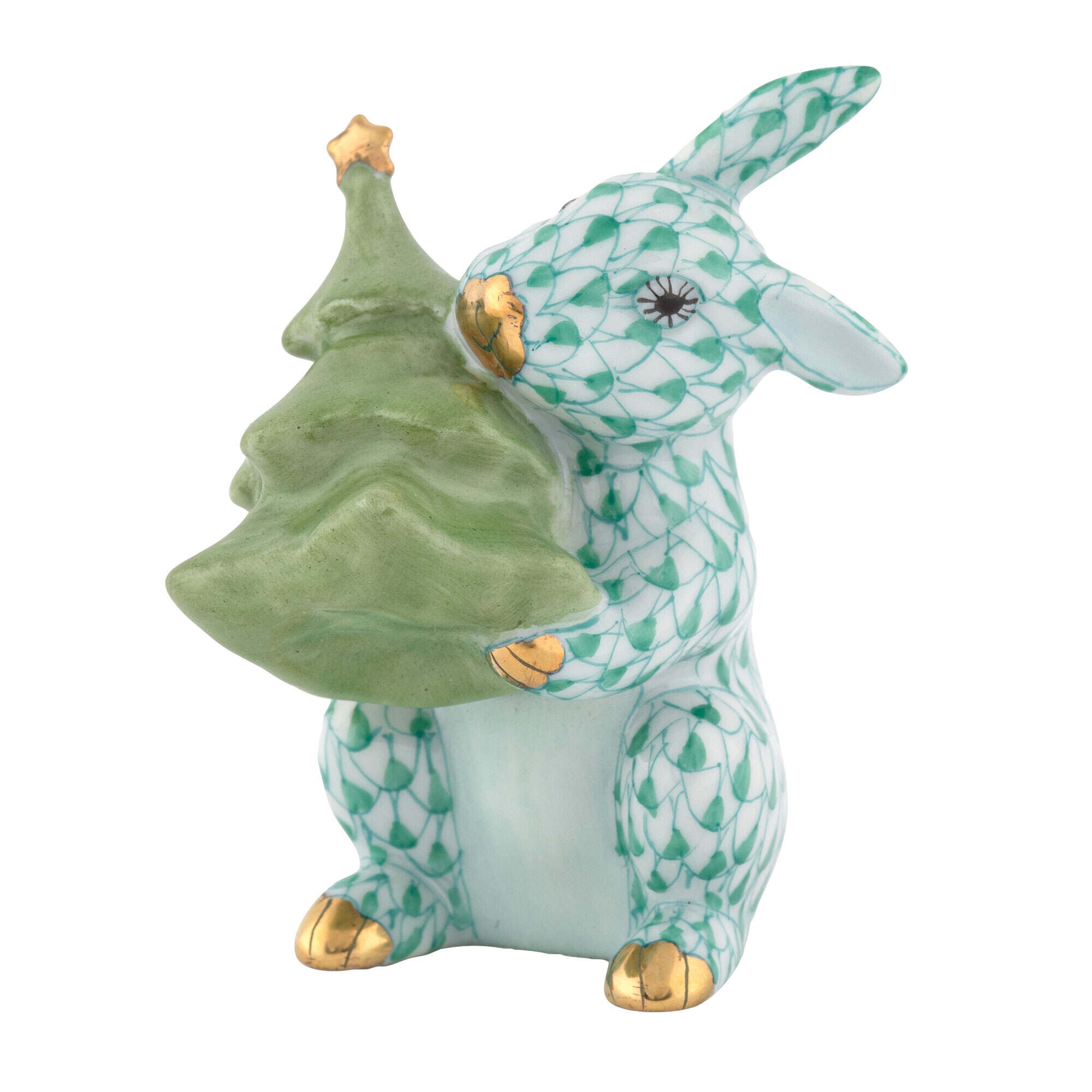 Christmas Tree Bunny Figurine in hand-painted Green porcelain by Herend of Hungary