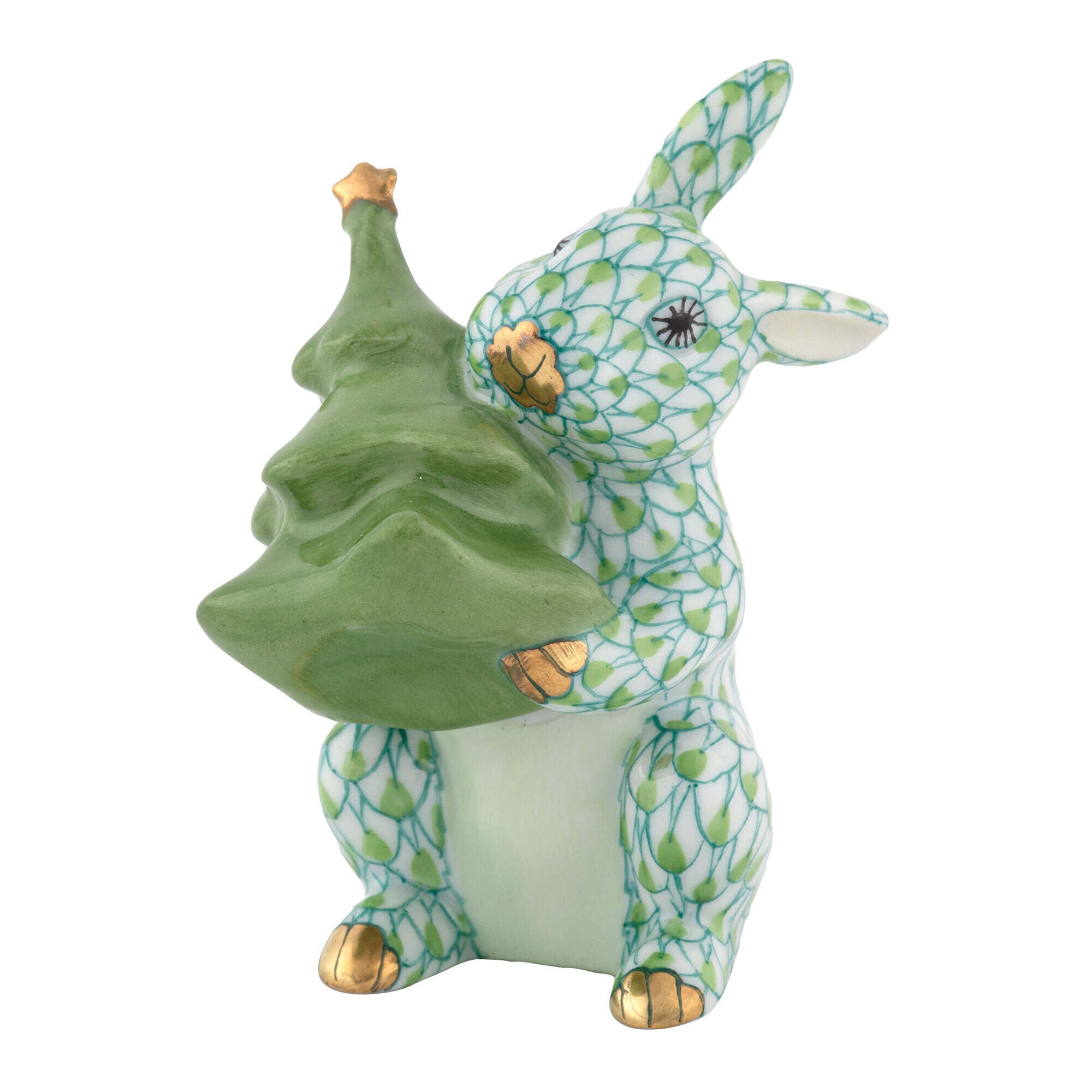 Key Lime fishnet Christmas Tree Bunny Figurine figurine, hand-painted Herend porcelain with 24k gold accents