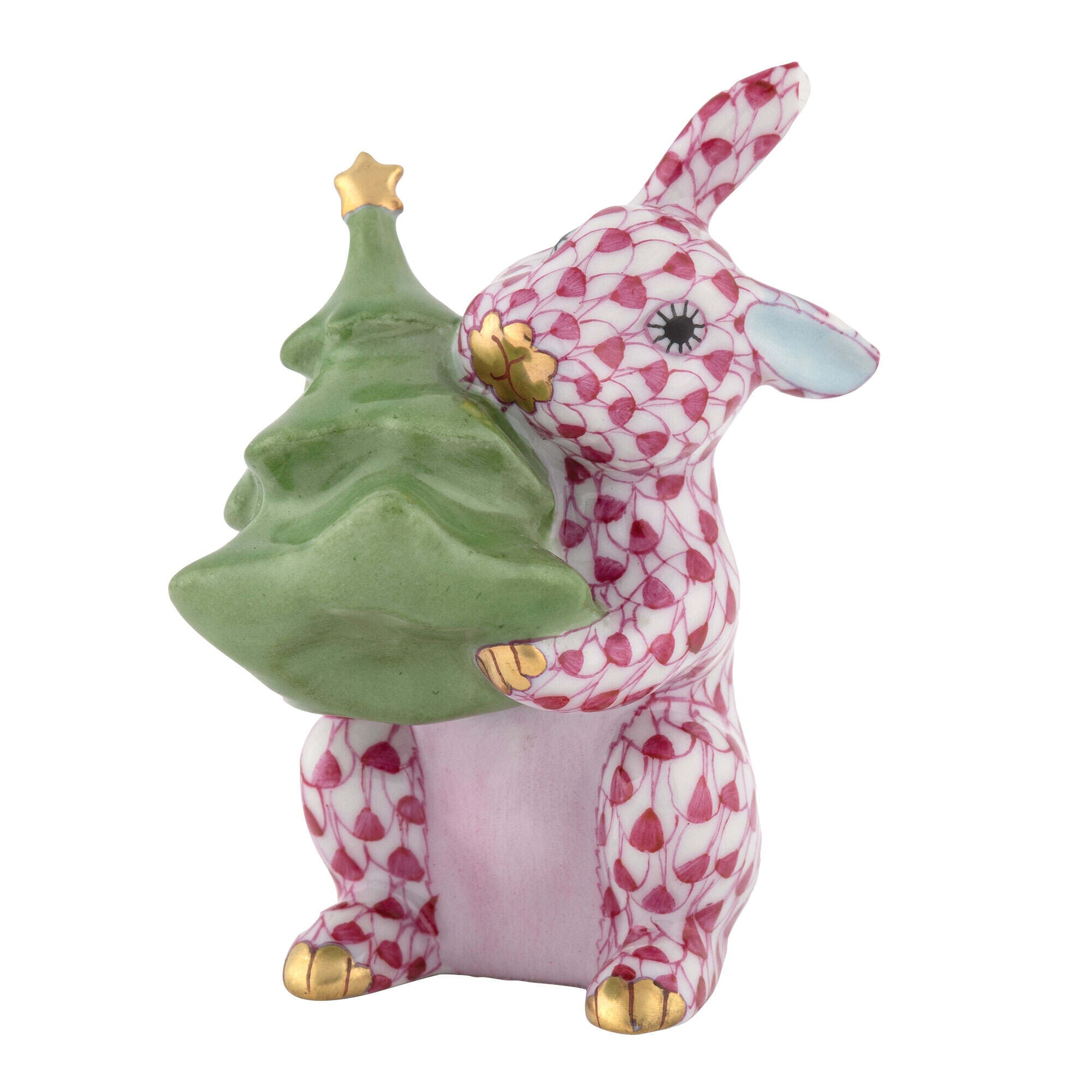 Herend Christmas Tree Bunny Figurine porcelain figurine painted in the Raspberry fishnet pattern