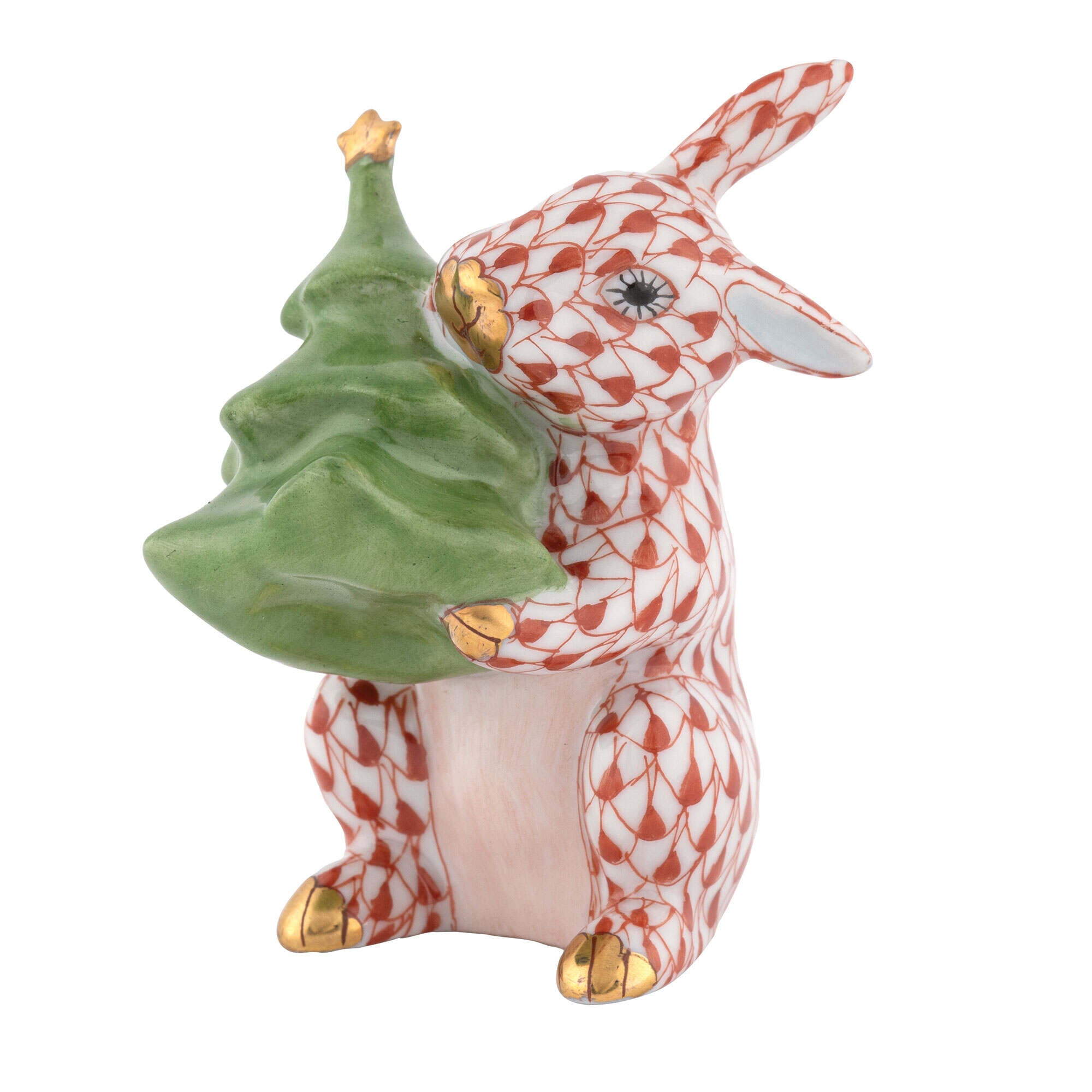 Christmas Tree Bunny Figurine in hand-painted Rust porcelain by Herend of Hungary