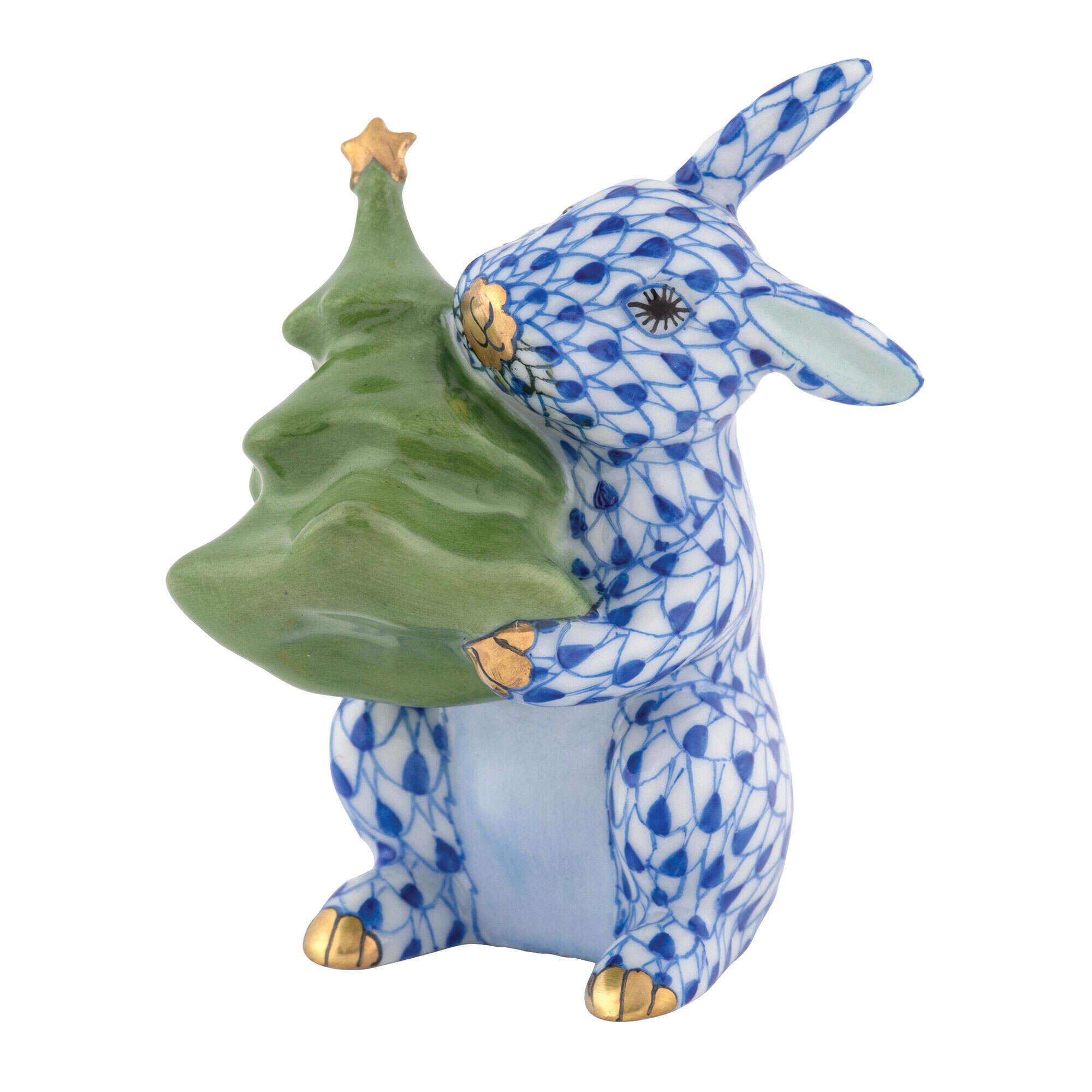 Herend Christmas Tree Bunny Figurine porcelain figurine painted in the Sapphire fishnet pattern
