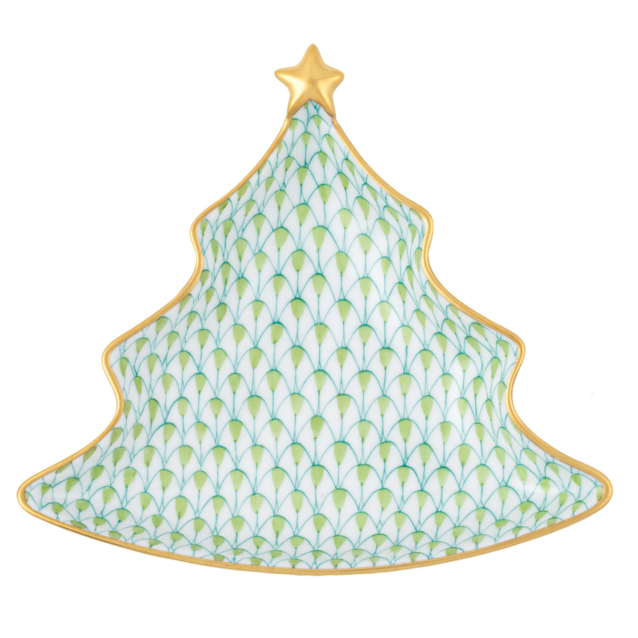 Hand-painted Herend Christmas Tree Dish Figurine in Key Lime fishnet porcelain on a white background