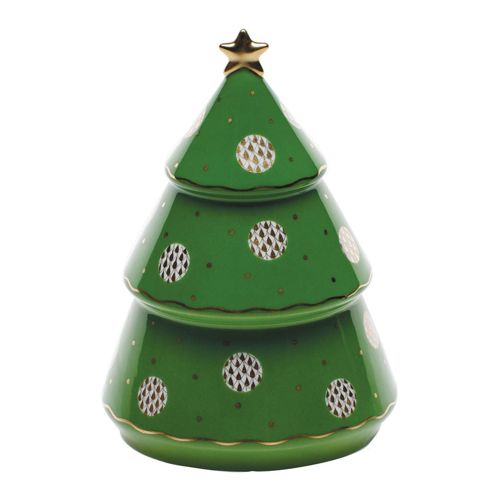 Hand-painted Herend Christmas Tree Figurine in fine porcelain, 9in H X 5in D, on a white background