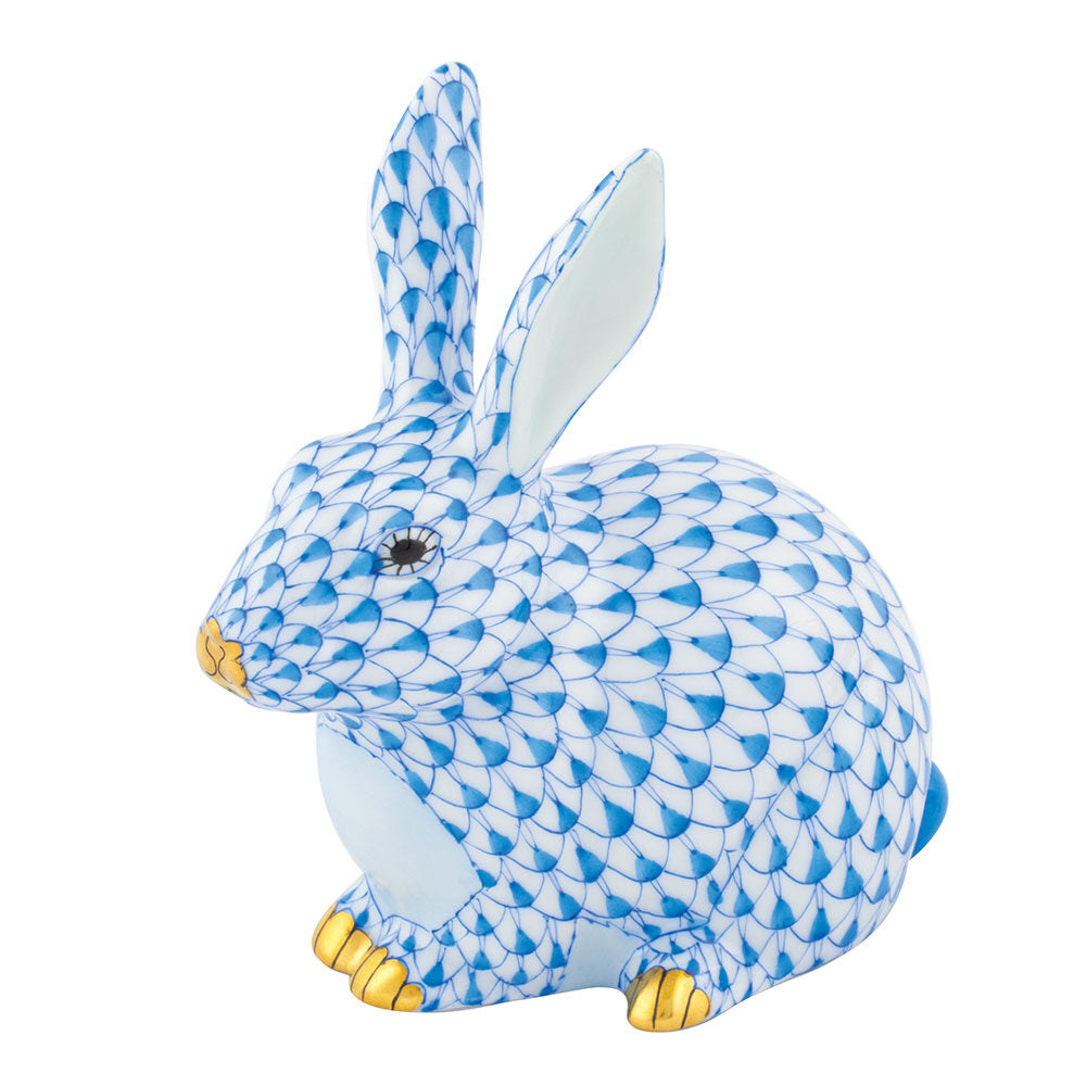 Blue fishnet Chubby Bunny Figurine figurine, hand-painted Herend porcelain with 24k gold accents