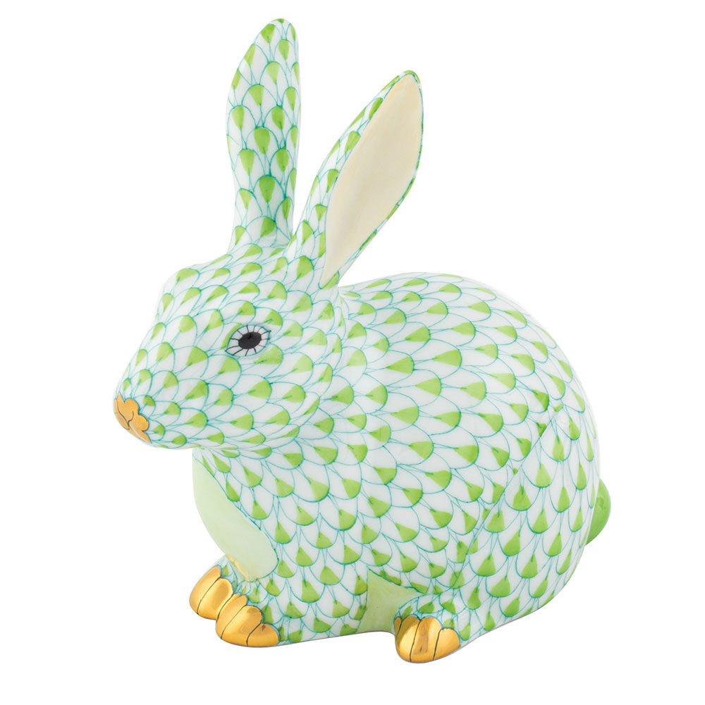 Hand-painted Herend Chubby Bunny Figurine in Key Lime fishnet porcelain on a white background