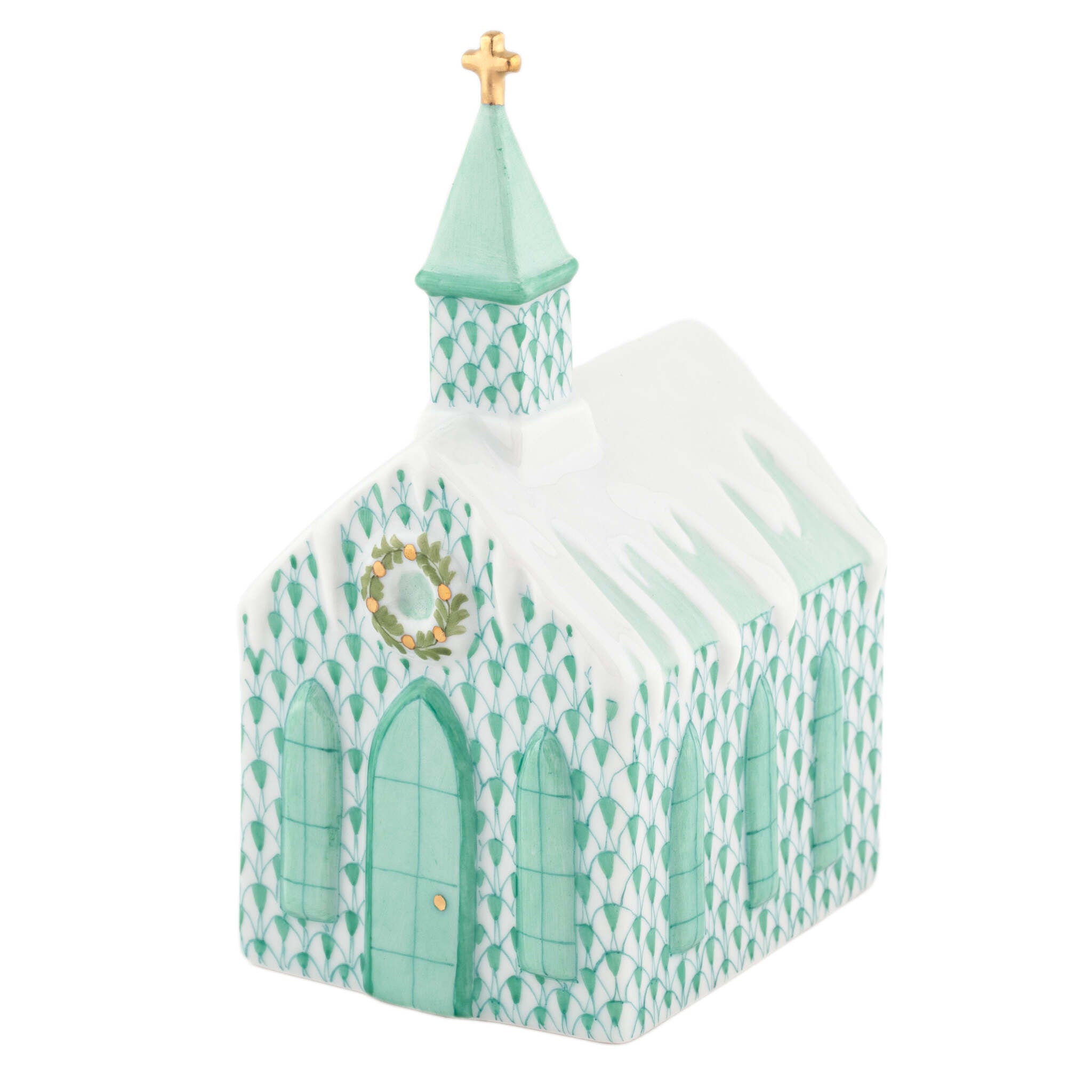 Green fishnet Church Figurine figurine, hand-painted Herend porcelain with 24k gold accents