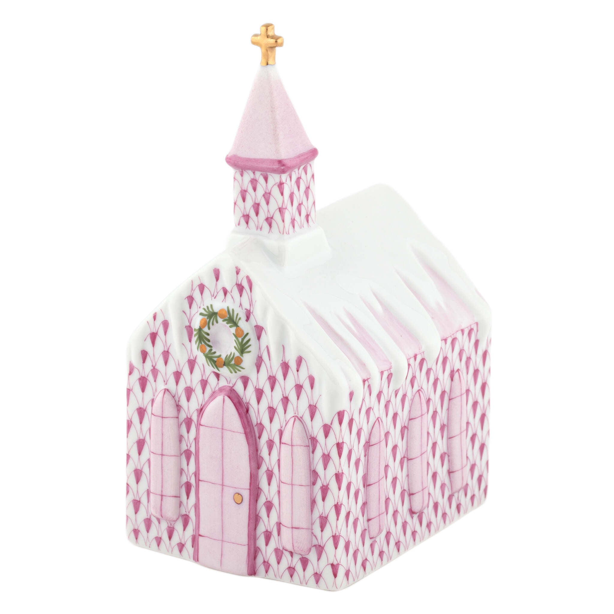 Herend Church Figurine porcelain figurine painted in the Raspberry fishnet pattern