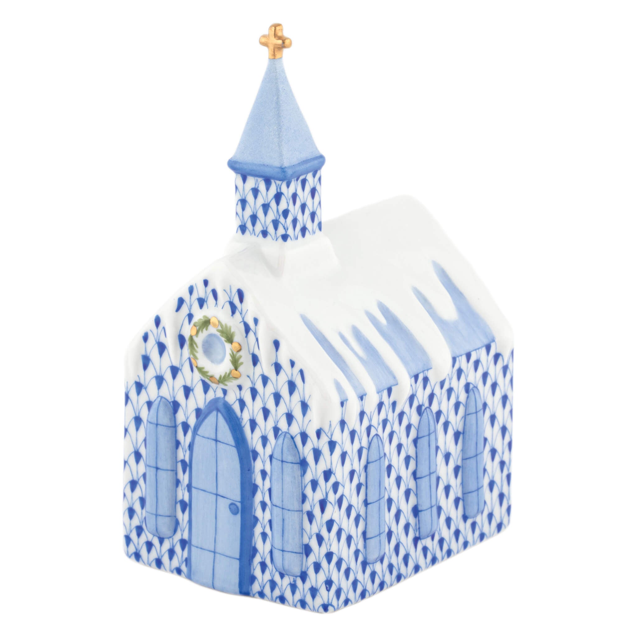 Herend Church figurine in Sapphire with deep sapphire blue fishnet pattern with gold accents on a white background