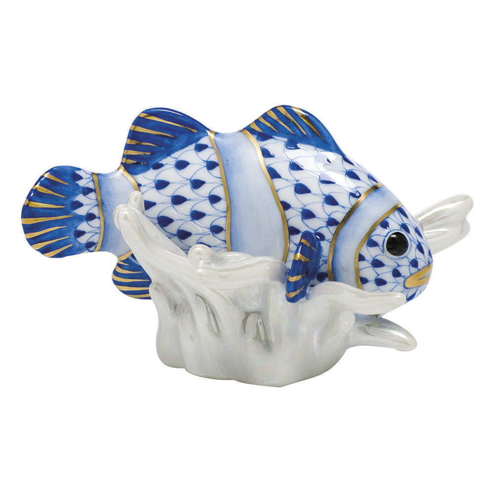 Herend Clownfish Figurine porcelain figurine painted in the Sapphire fishnet pattern