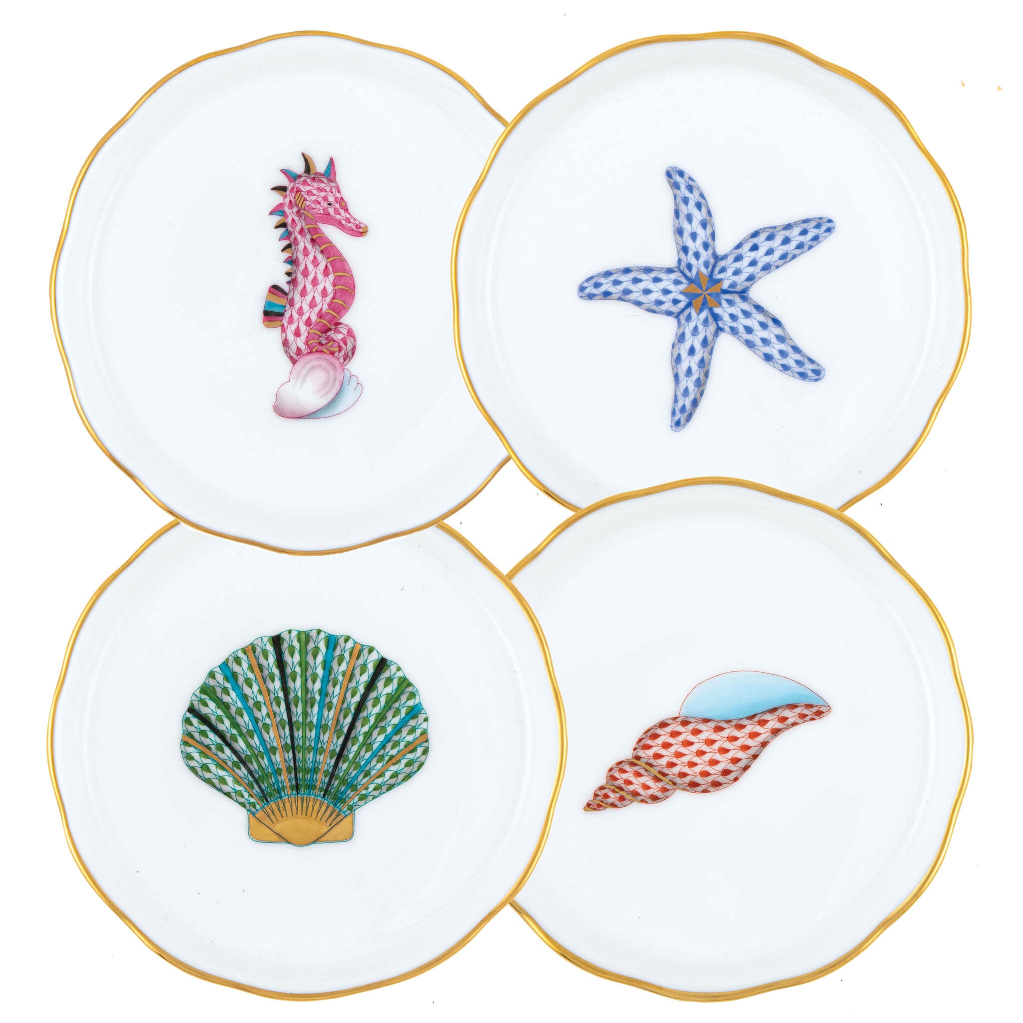Hand-painted Herend Coaster - Boxed Set of 4 in fine porcelain, 4in D, on a white background