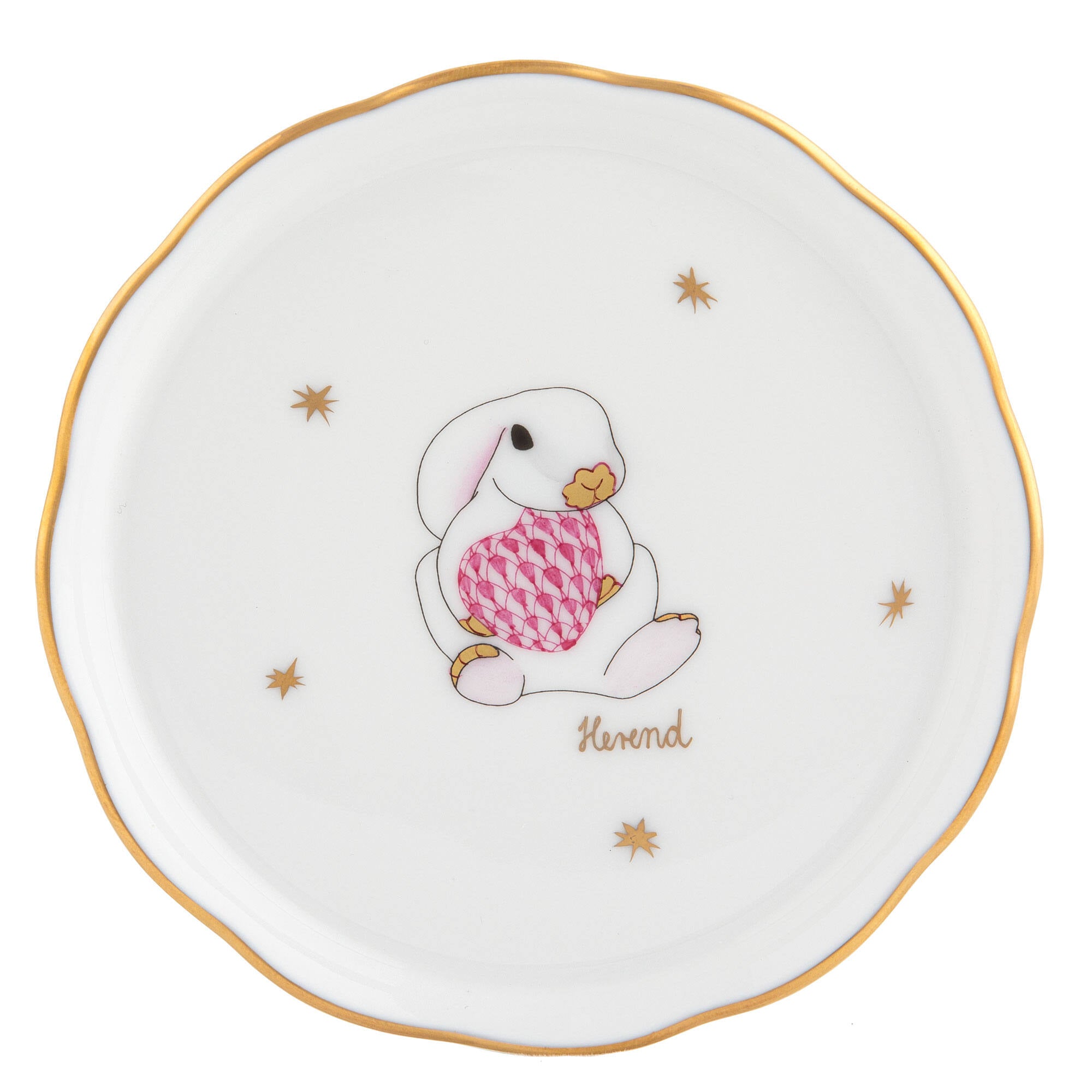 Hand-painted Herend Coaster Bunny in fine porcelain, 4in D, on a white background
