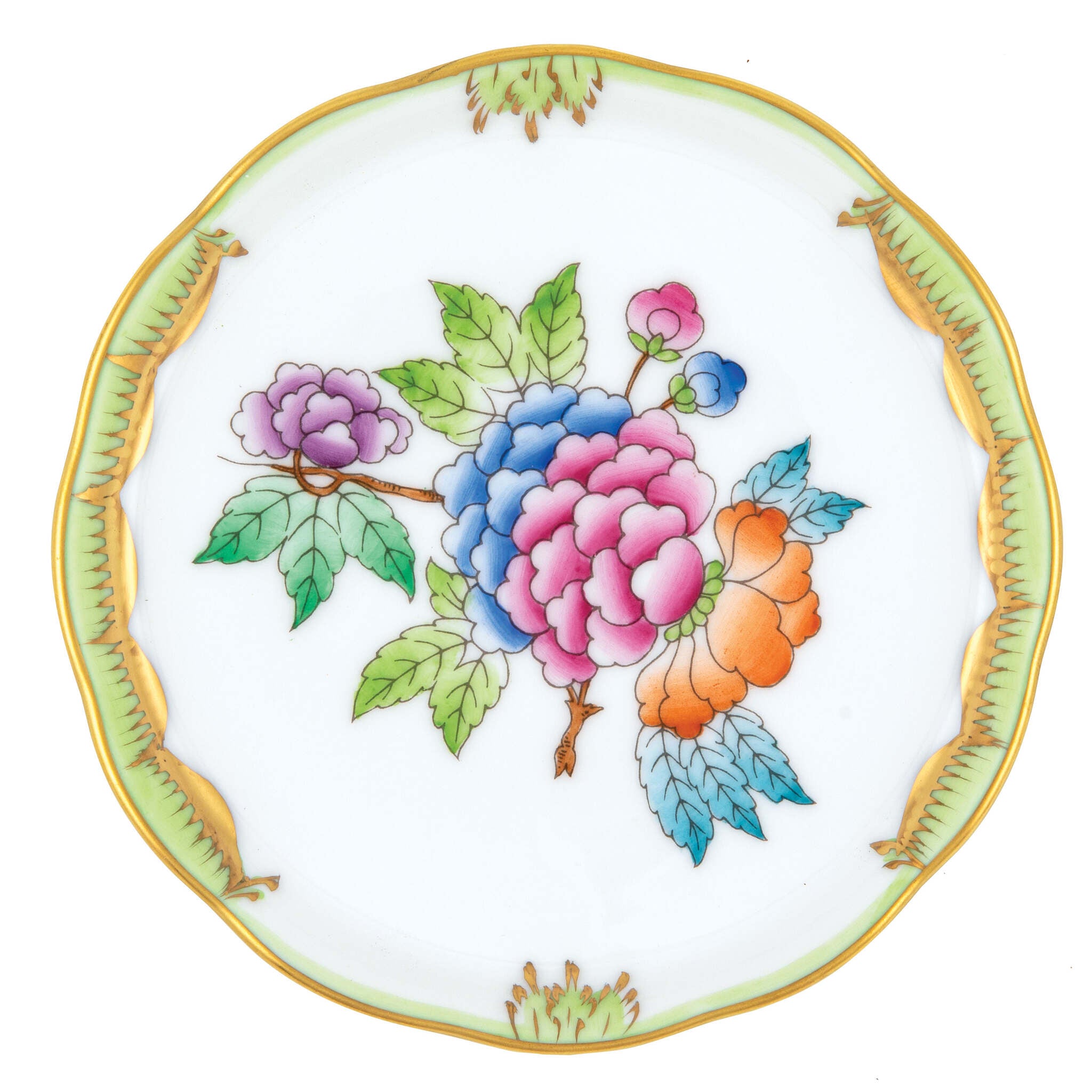 Hand-painted Herend Coaster in fine porcelain, 4in D, on a white background