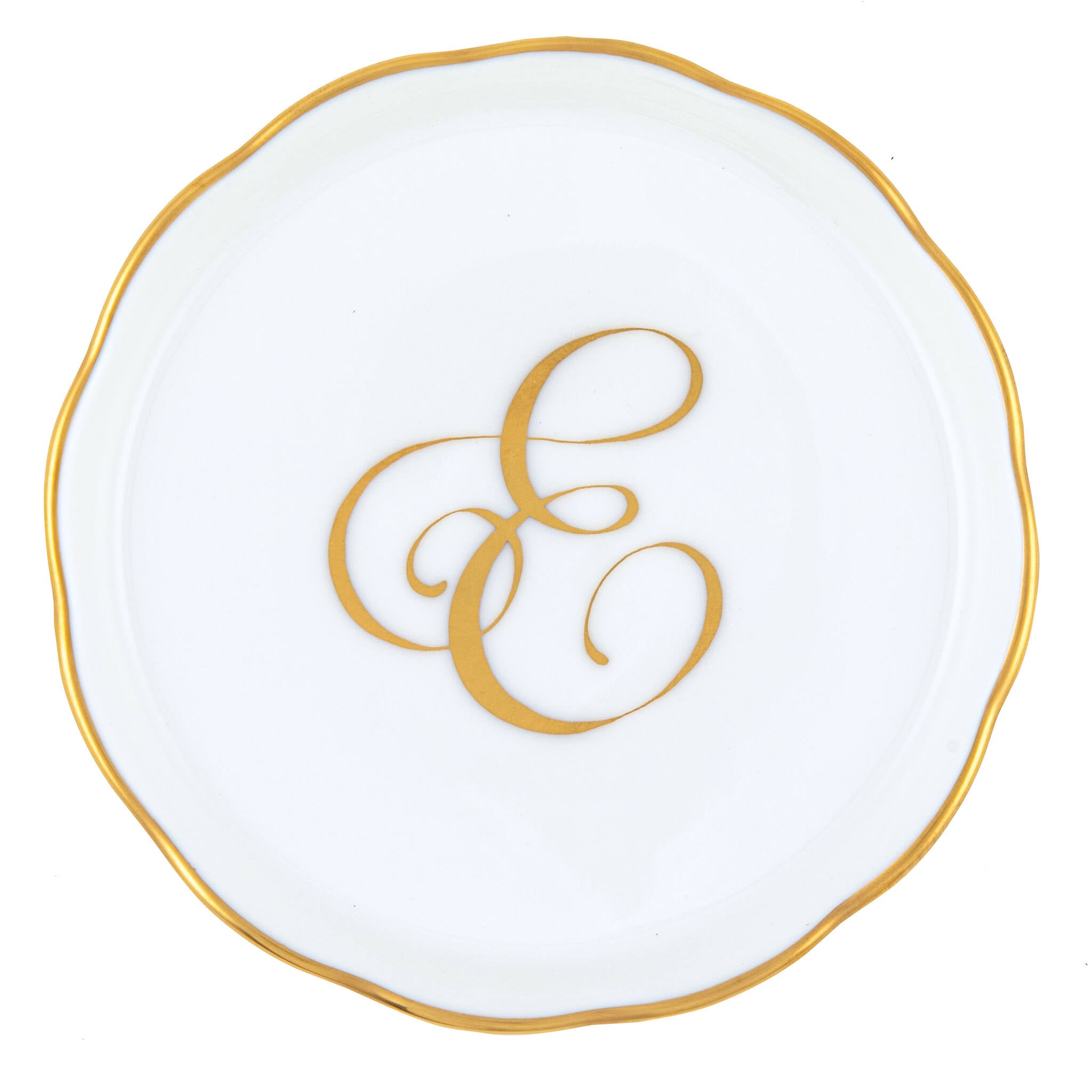 Hand-painted Herend Coaster with Monogram in fine porcelain, 4in D, on a white background, Monogram E