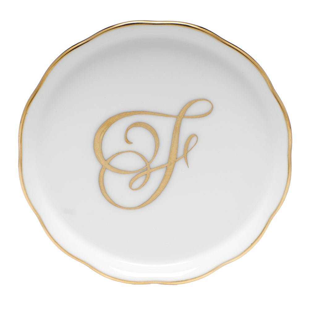 Hand-painted Herend Coaster with Monogram in fine porcelain, 4in D, on a white background, Monogram F