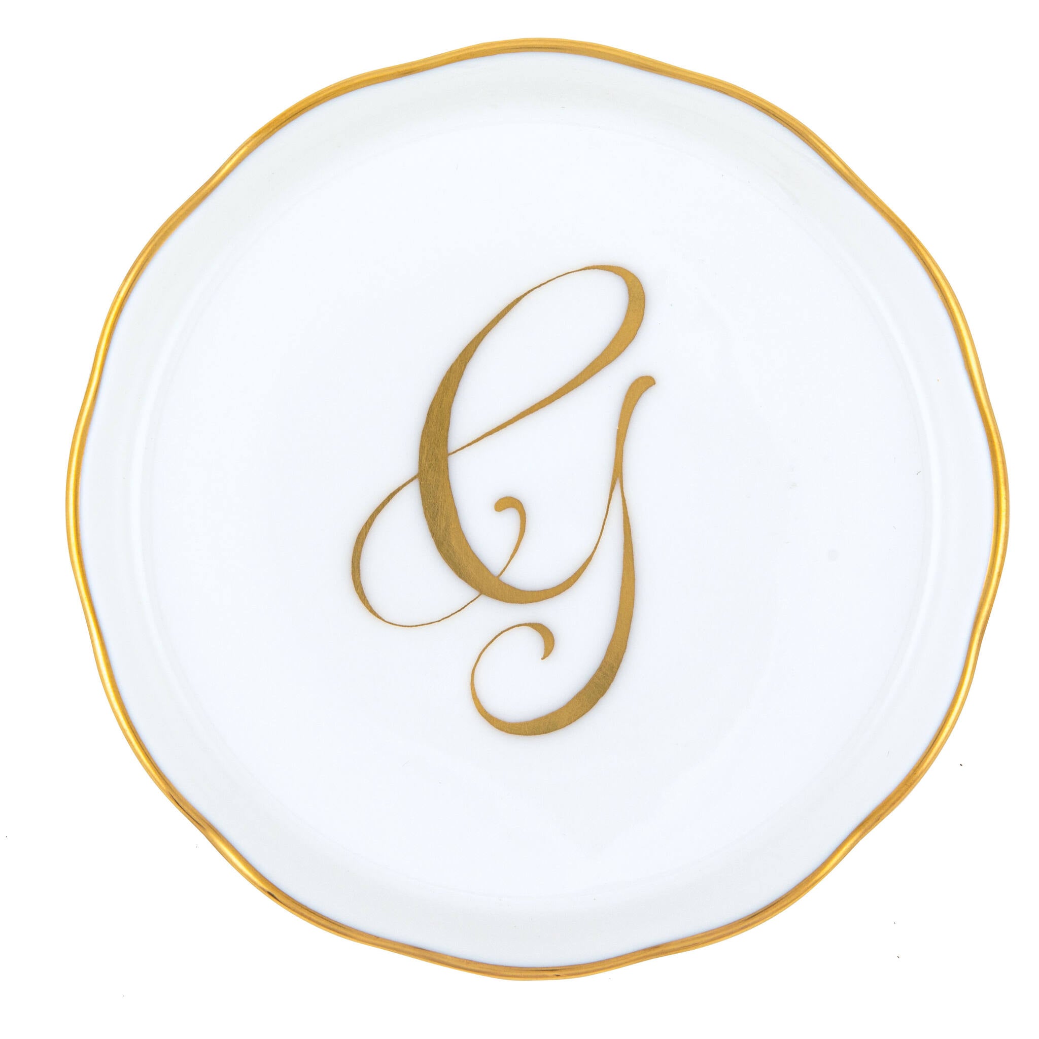 Hand-painted Herend Coaster with Monogram in fine porcelain, 4in D, on a white background, Monogram G
