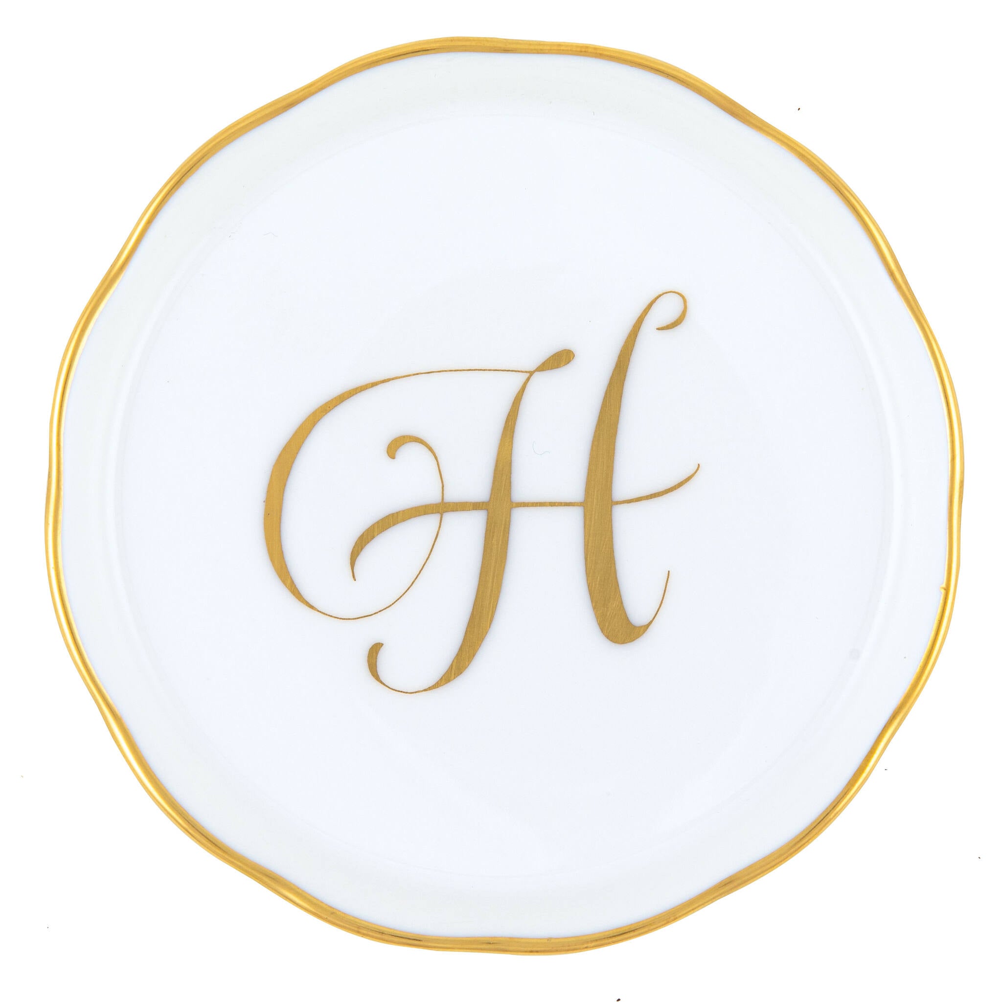 Hand-painted Herend Coaster with Monogram in fine porcelain, 4in D, on a white background, Monogram H