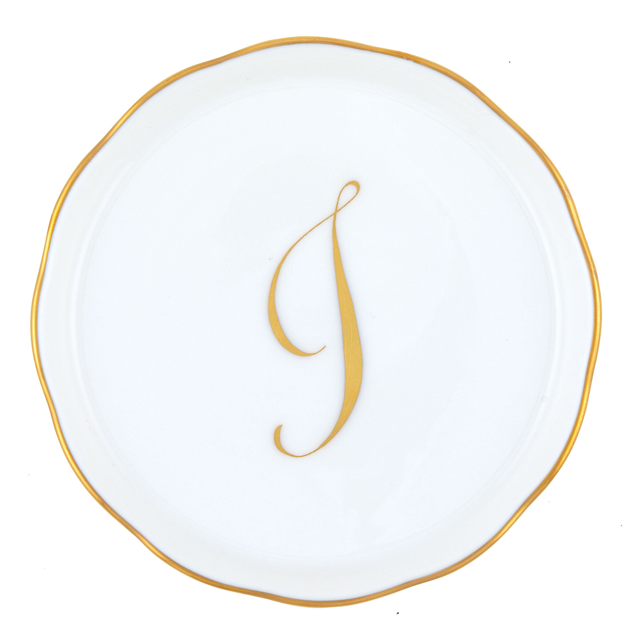 Hand-painted Herend Coaster with Monogram in fine porcelain, 4in D, on a white background, Monogram I