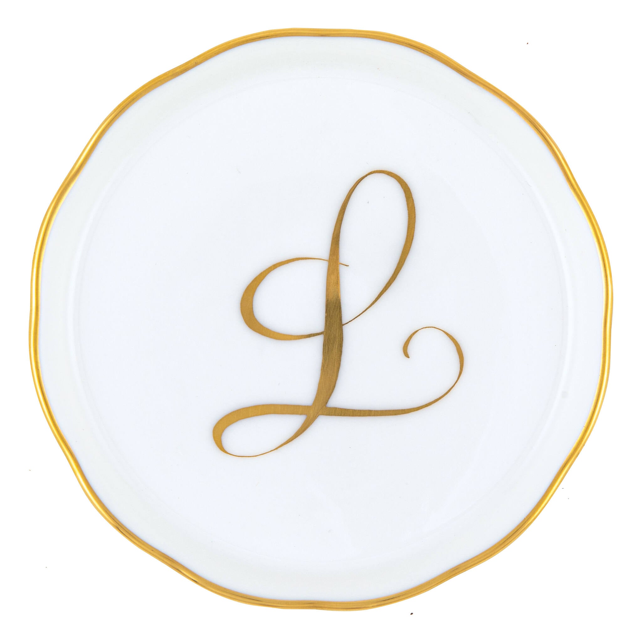 Hand-painted Herend Coaster with Monogram in fine porcelain, 4in D, on a white background, Monogram L