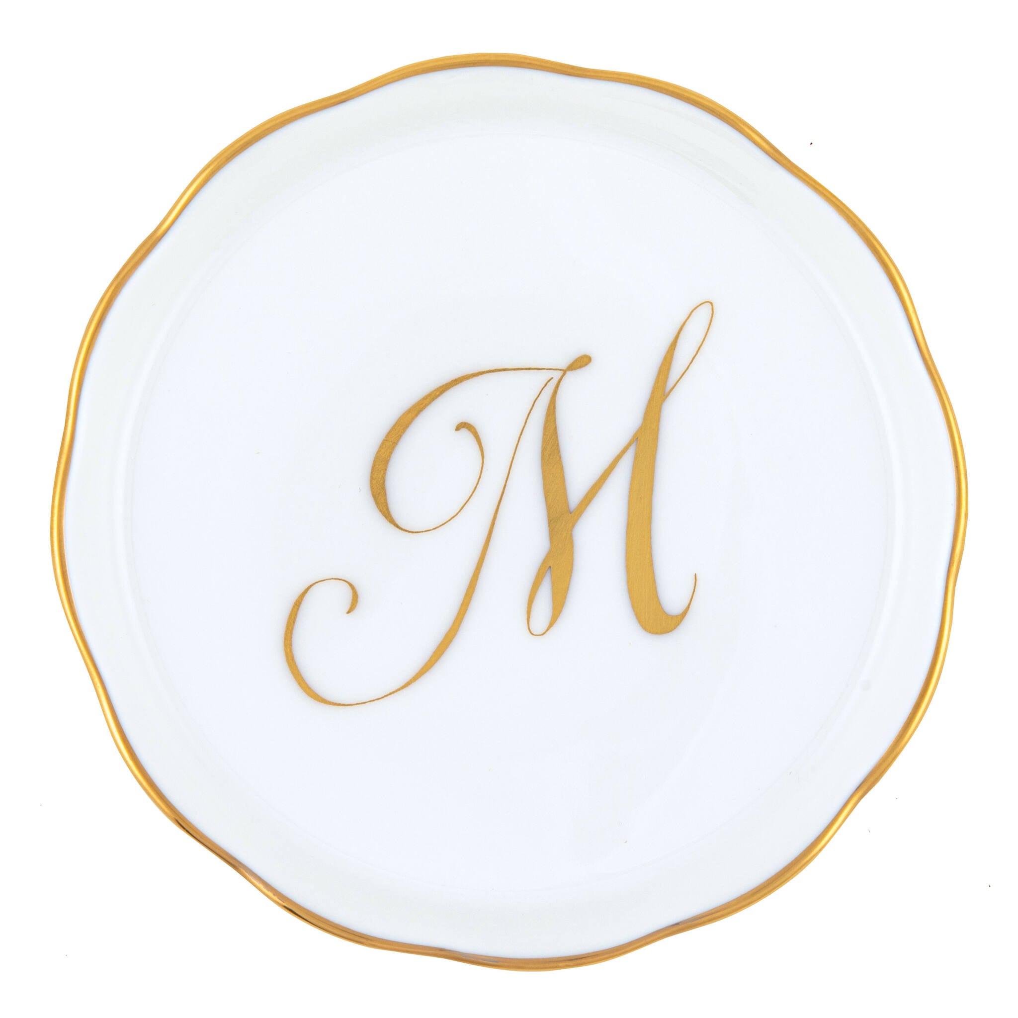 Hand-painted Herend Coaster with Monogram in fine porcelain, 4in D, on a white background, Monogram M