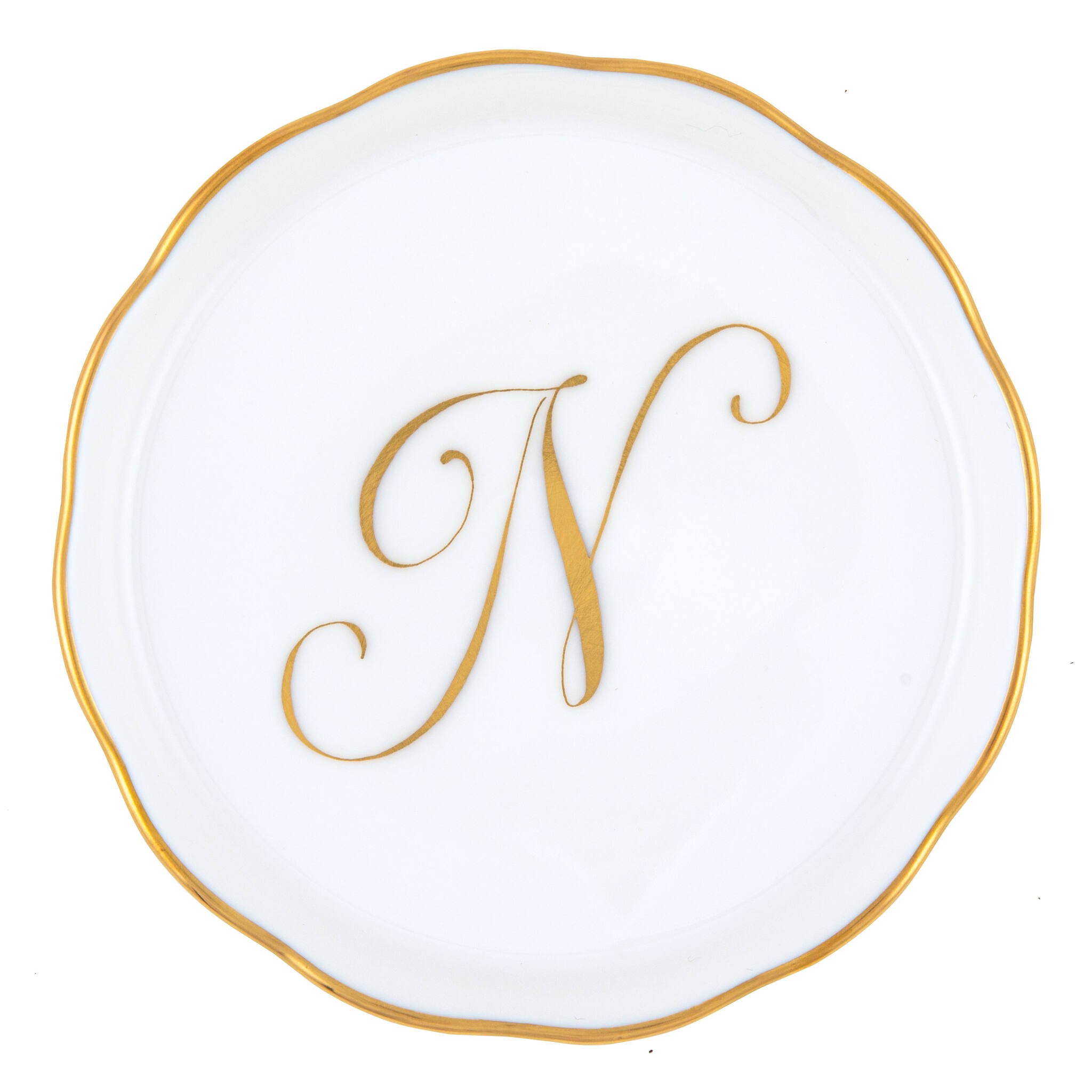 Hand-painted Herend Coaster with Monogram in fine porcelain, 4in D, on a white background, Monogram N