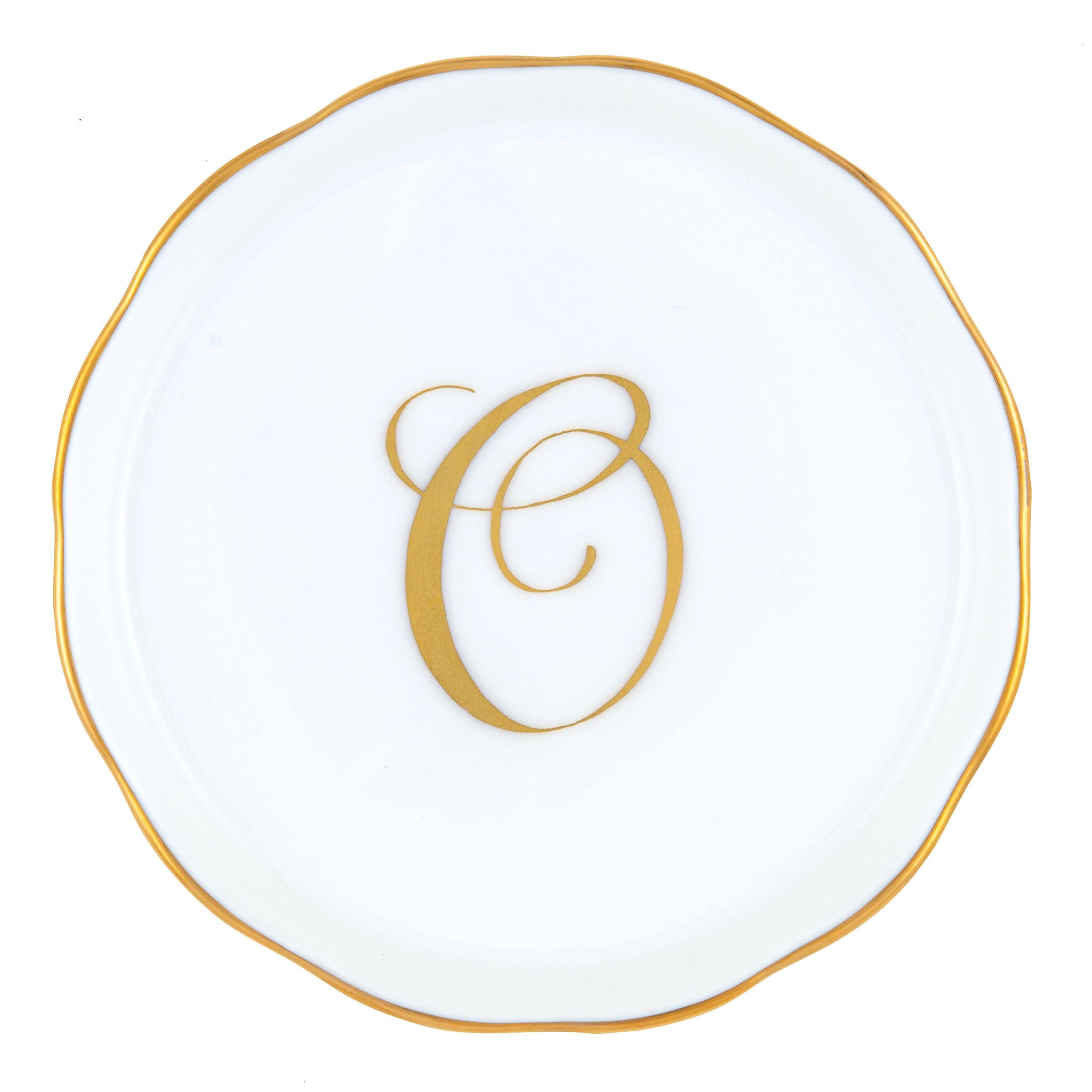 Hand-painted Herend Coaster with Monogram in fine porcelain, 4in D, on a white background, Monogram O