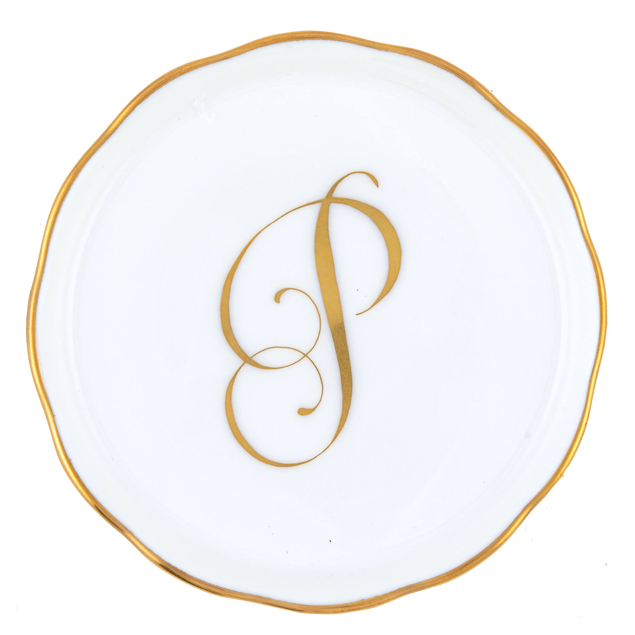 Hand-painted Herend Coaster with Monogram in fine porcelain, 4in D, on a white background, Monogram P