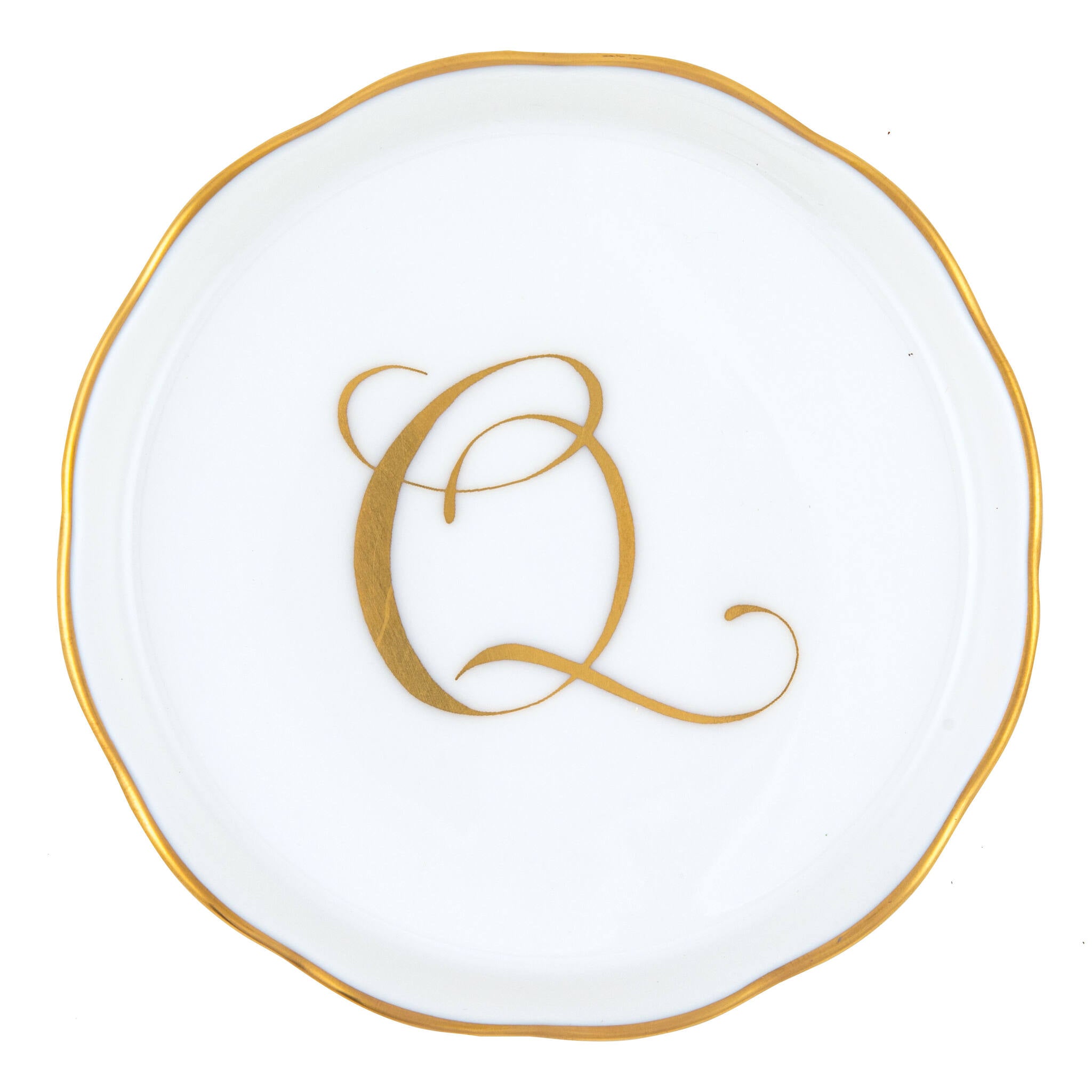 Hand-painted Herend Coaster with Monogram in fine porcelain, 4in D, on a white background, Monogram Q
